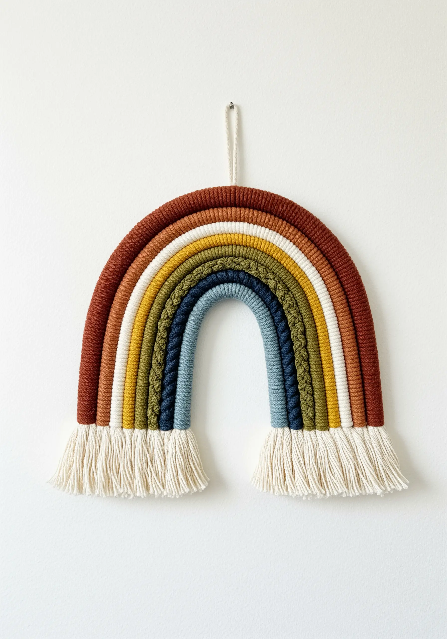 A wrapped macrame rainbow made with earthy tones of brown, green, blue, and ochre.