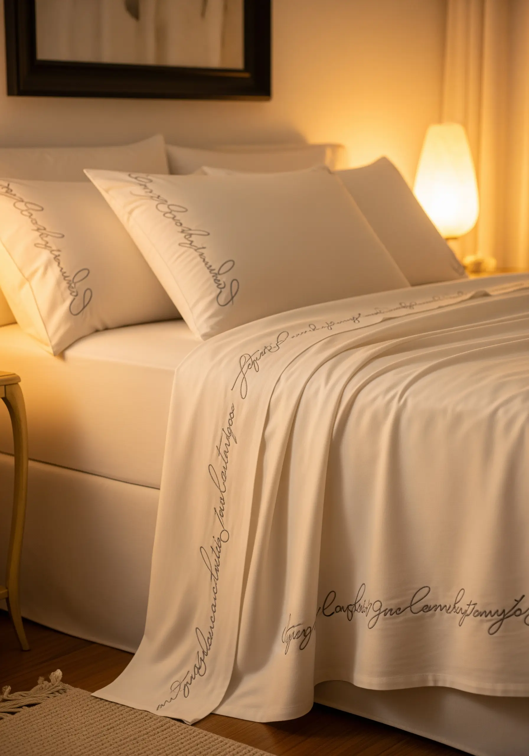 An elegant script or handwriting embroidered in a continuous line on a pillowcase.