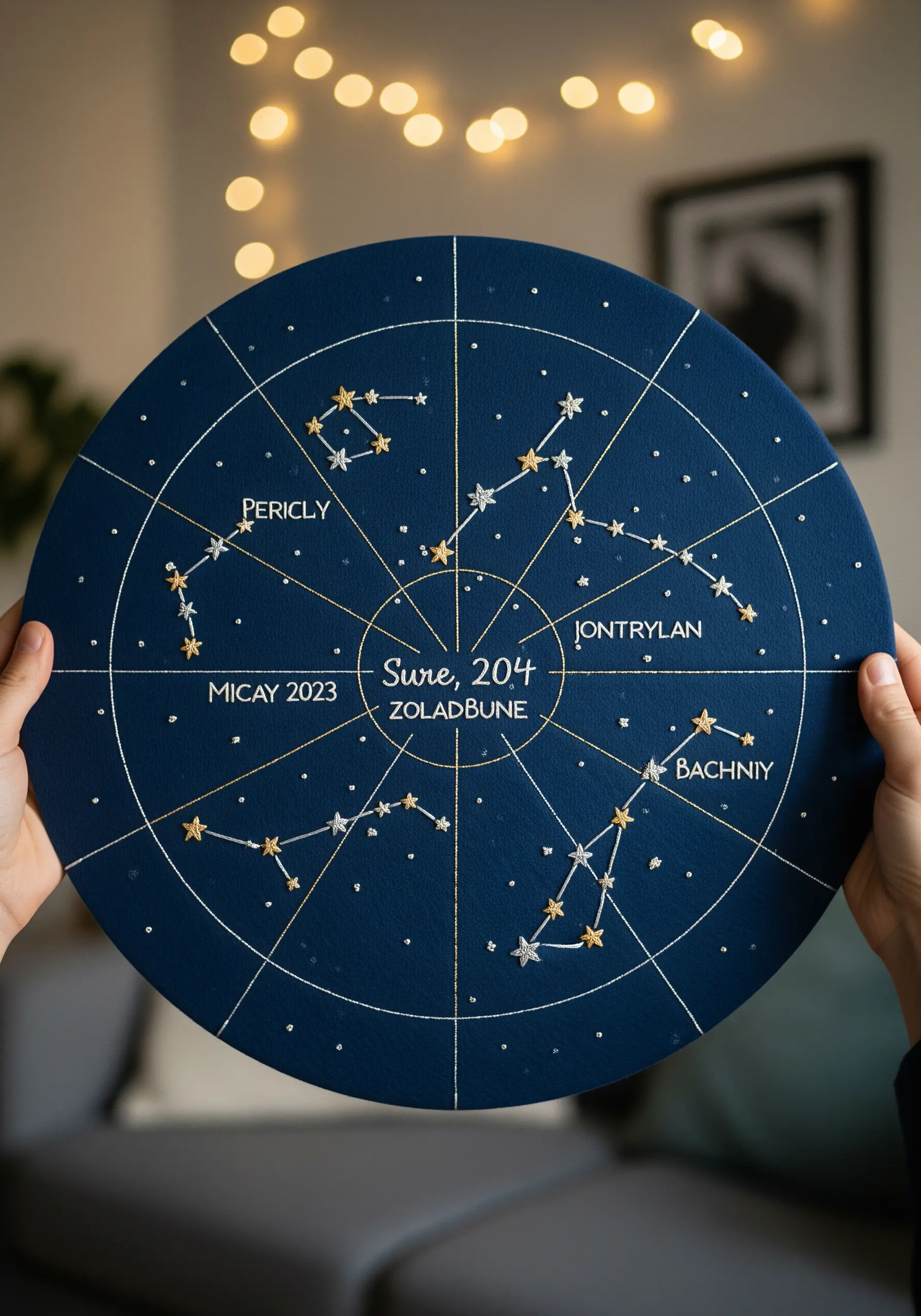 Embroidered constellation map on a large, round navy canvas with gold and silver metallic thread.