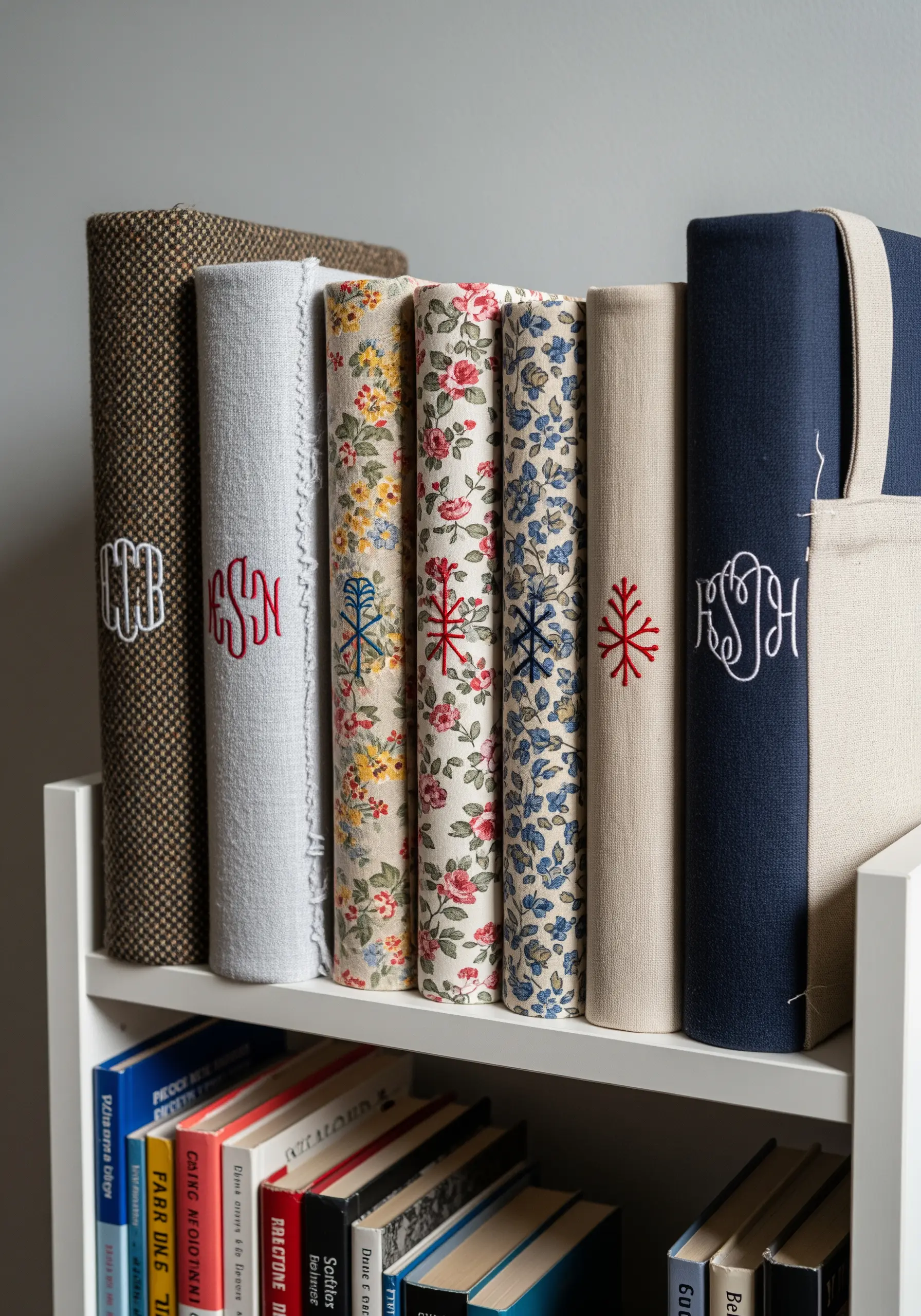 A bookshelf with books and binders covered in various fabrics with embroidered monograms.