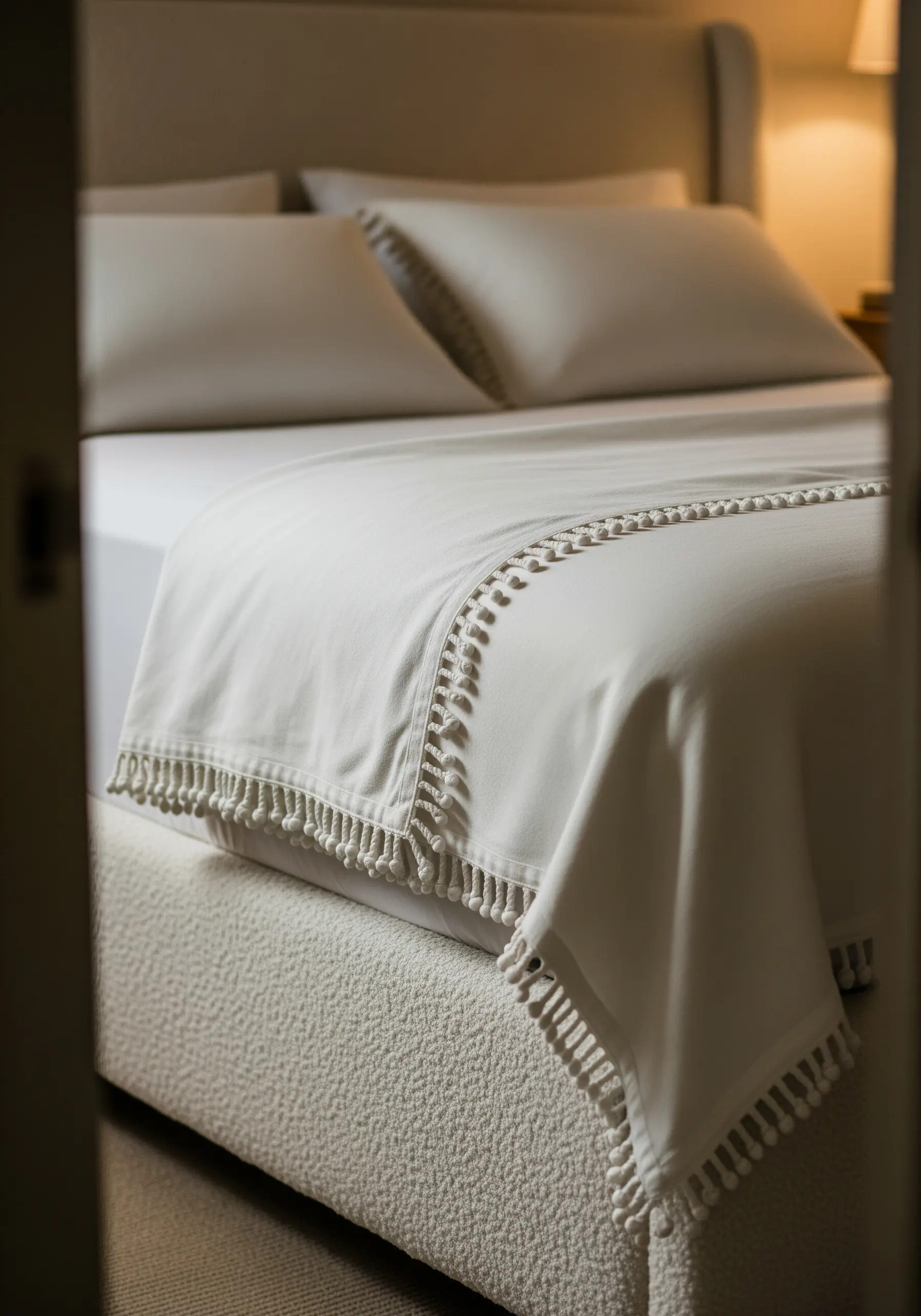 A playful pom-pom fringe border attached to the edge of an off-white flat sheet.