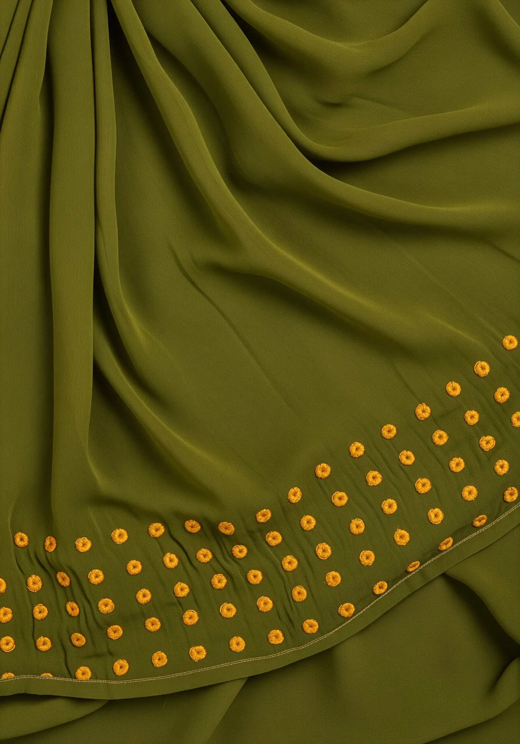 Uniformly spaced yellow whipped circle stitches on olive green fabric.