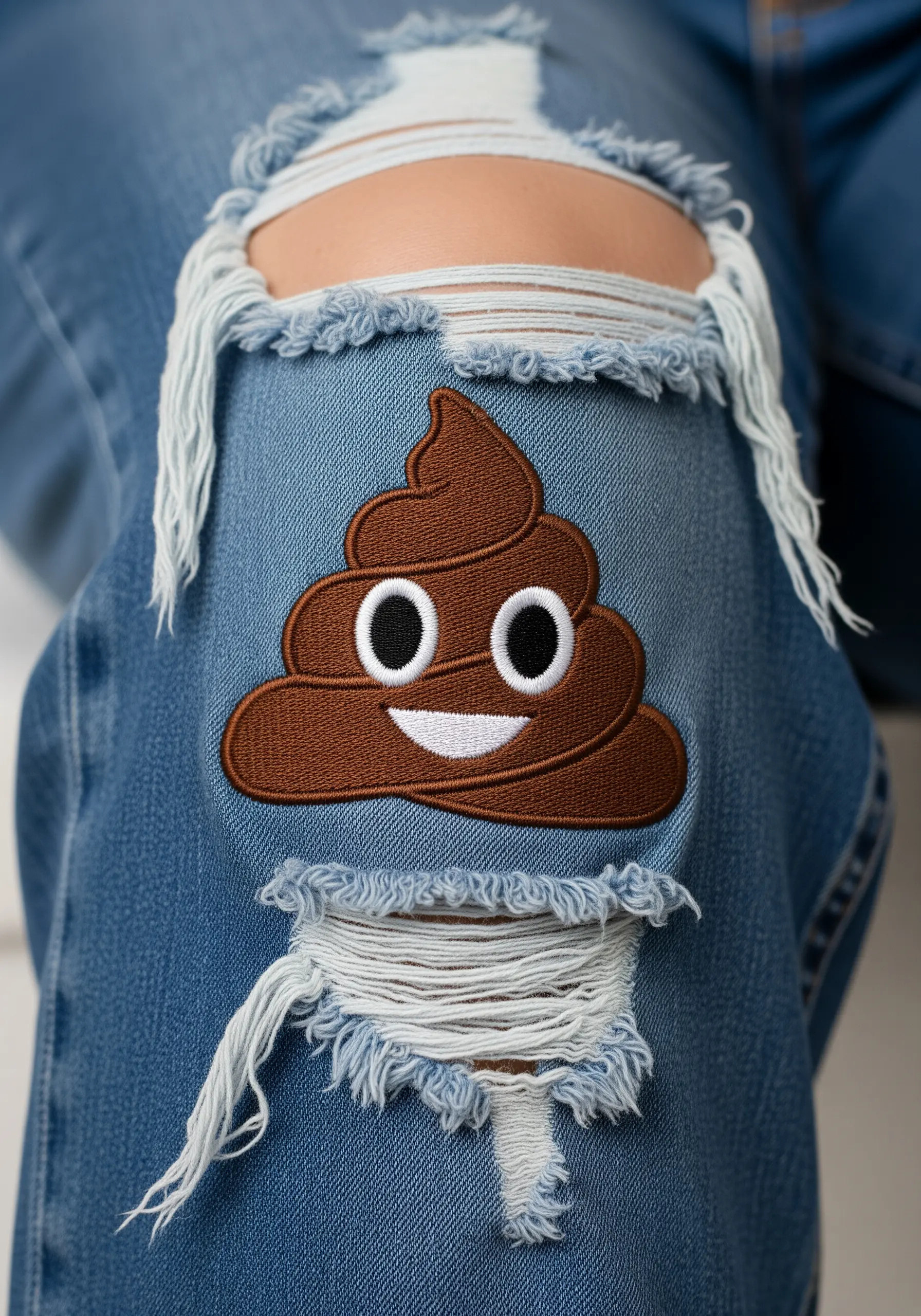An embroidered poop emoji with clean outlines placed over a ripped jean knee.