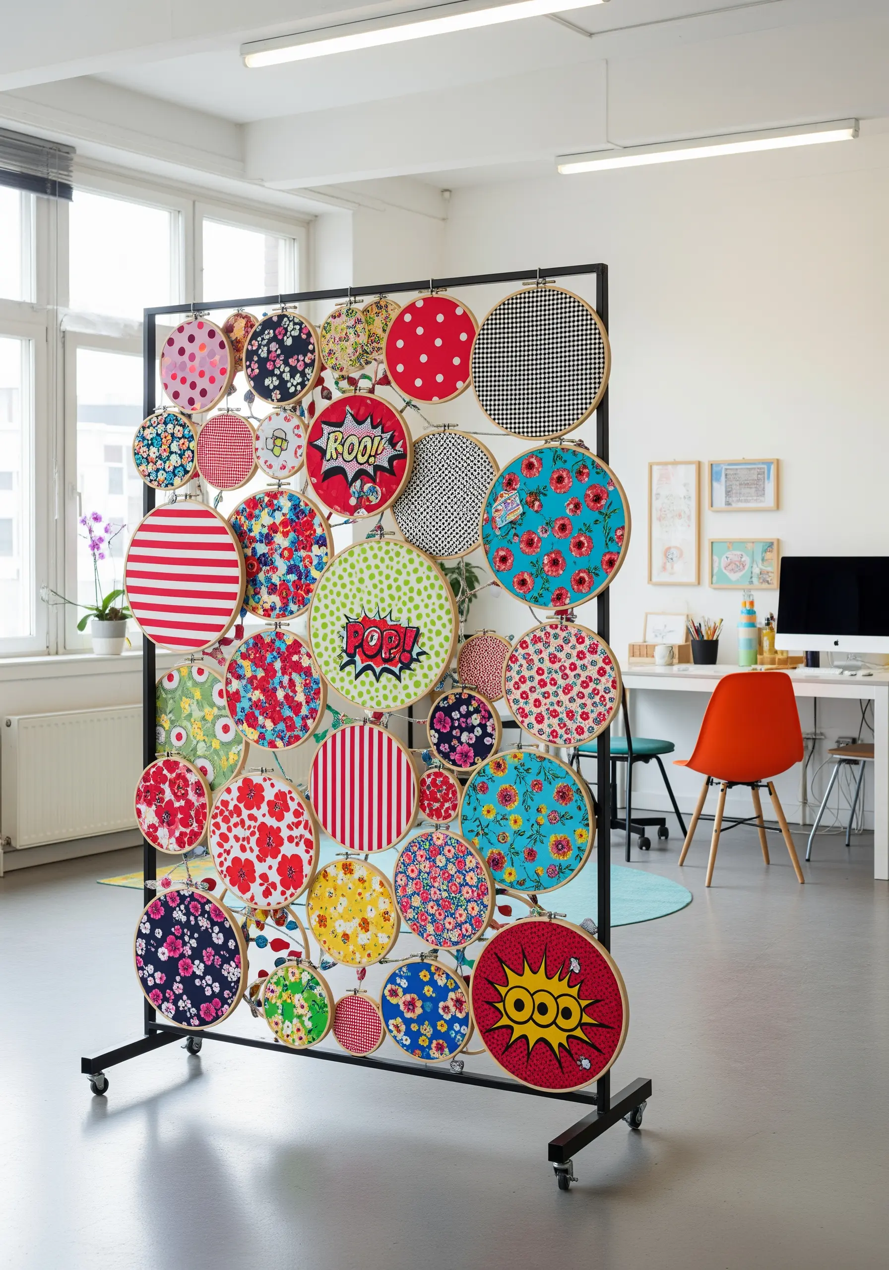 A collection of hoops filled with colorful, patterned pop art fabrics.