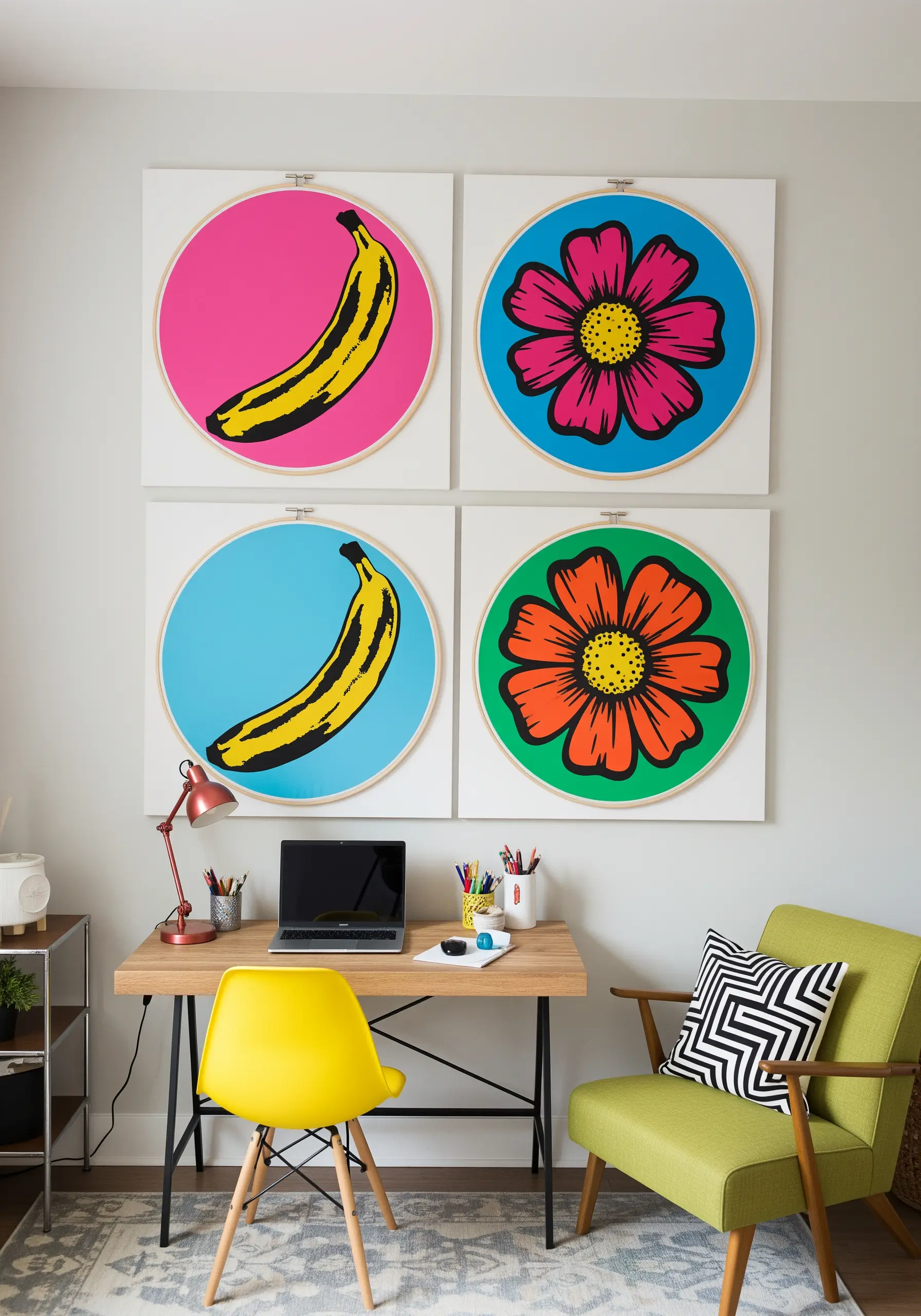 Four framed embroidery hoops featuring bold, pop art style bananas and flowers in bright colors.