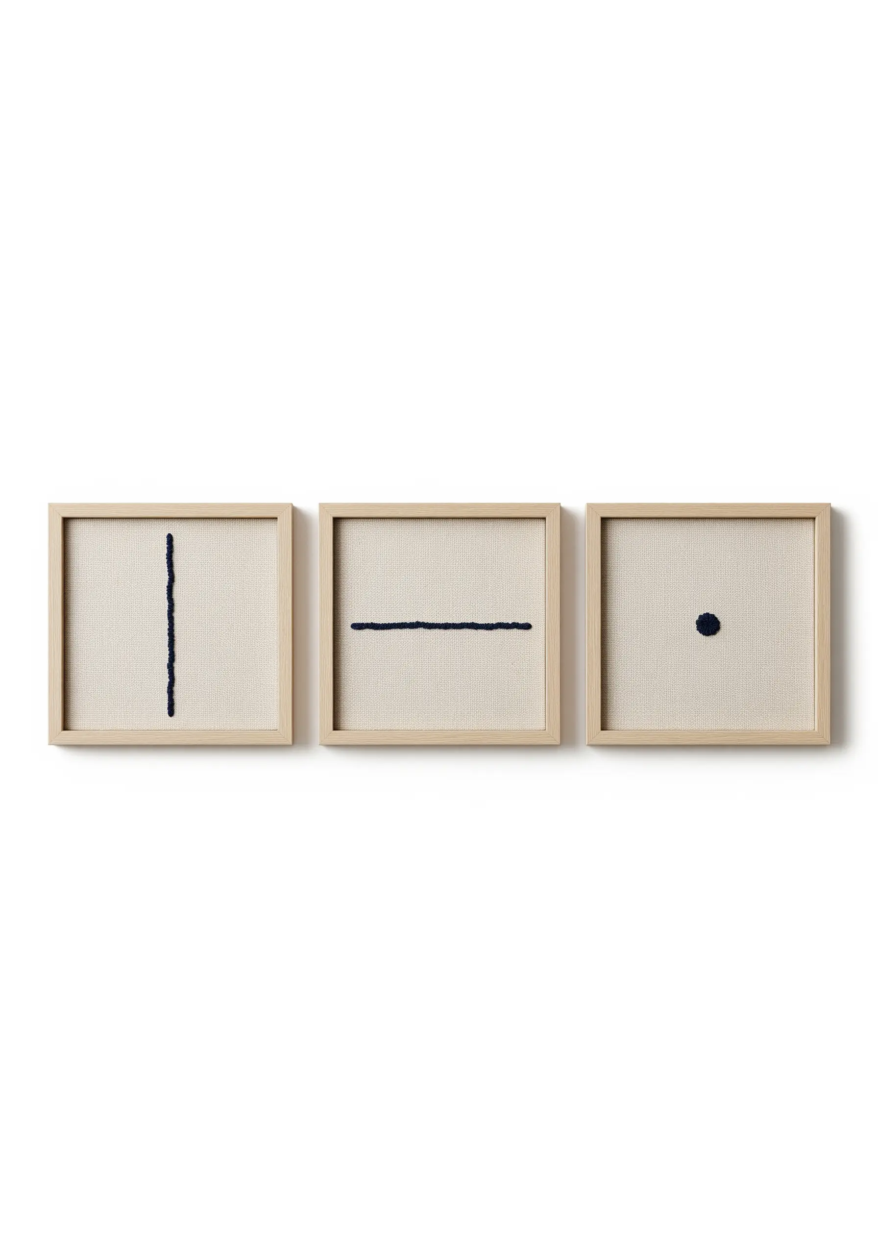 A triptych of framed embroidery: a vertical line, a horizontal line, and a single dot.