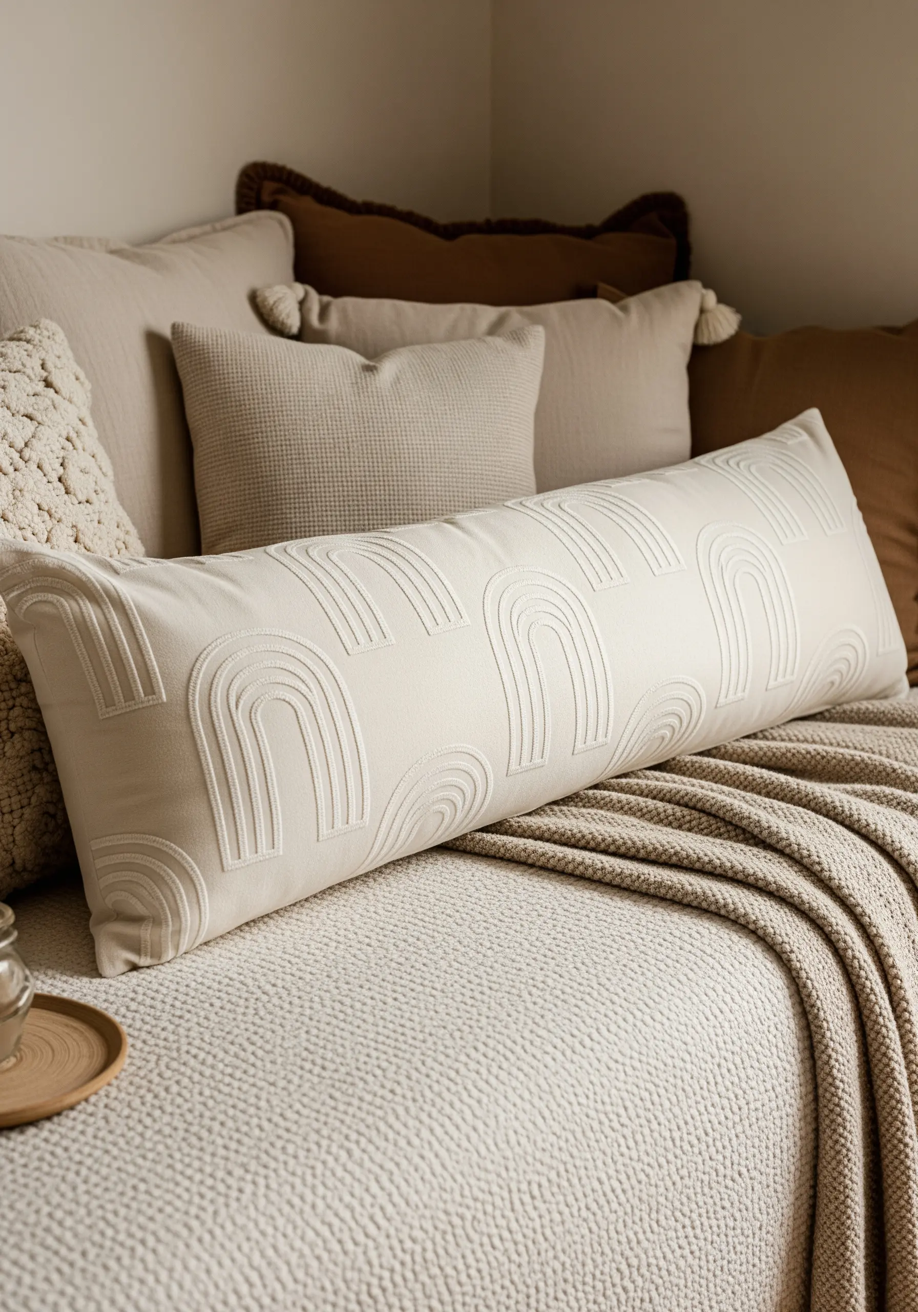 A lumbar pillow featuring a repeating pattern of minimal embroidered arches.