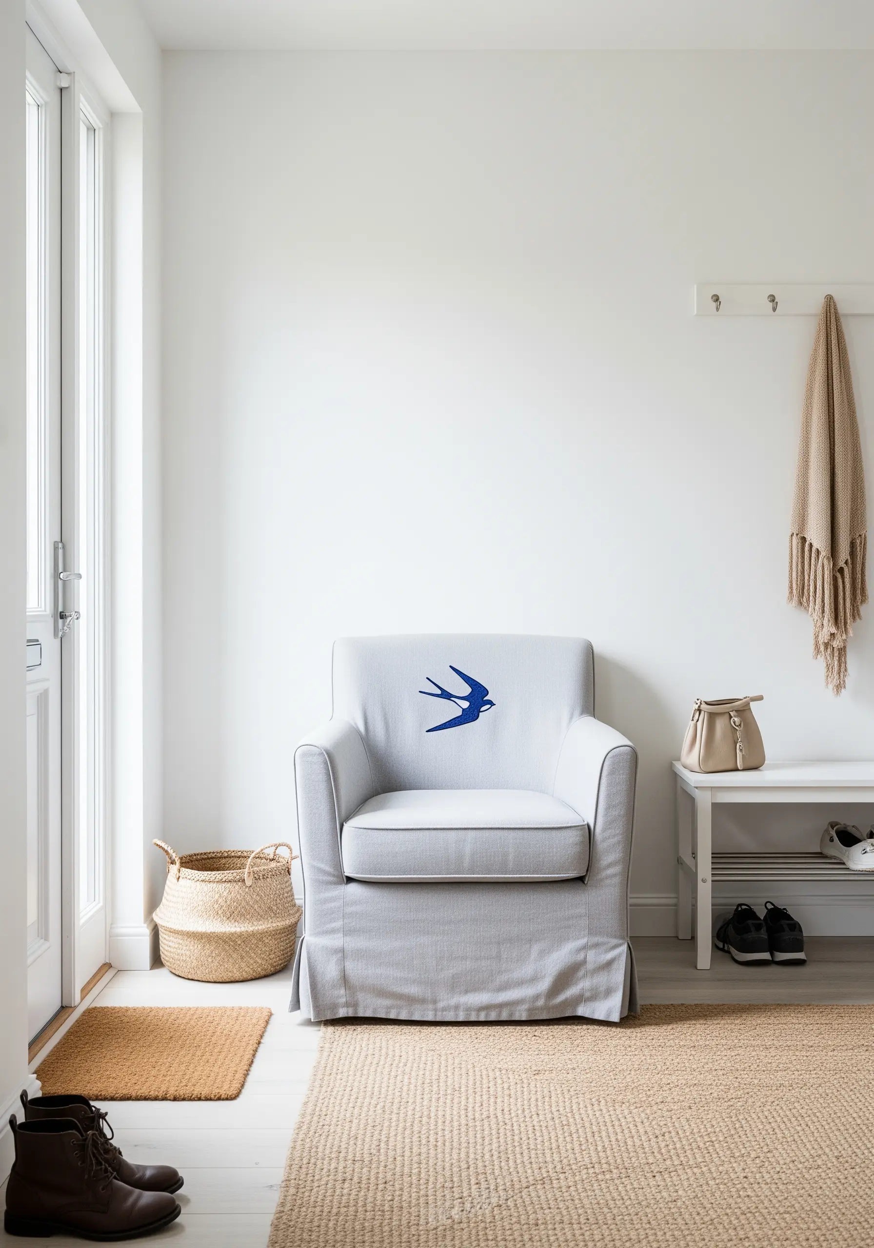 A bold blue swallow motif embroidered on the back of a light grey armchair.