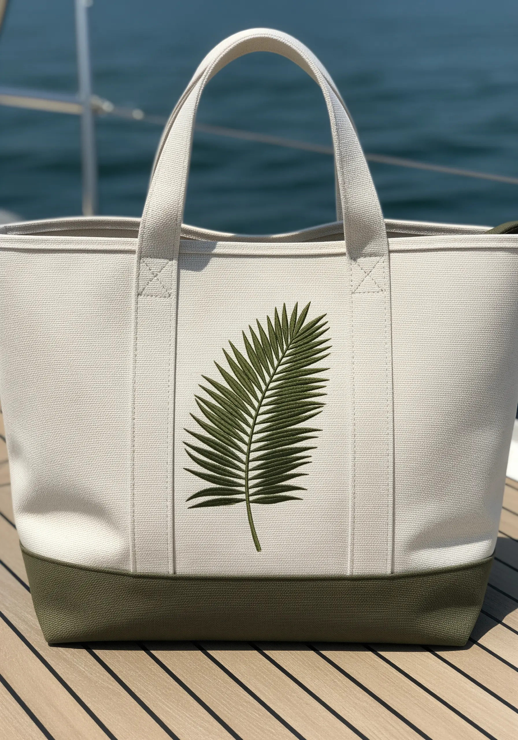 A single olive green palm frond embroidered in the center of a canvas and olive tote bag.