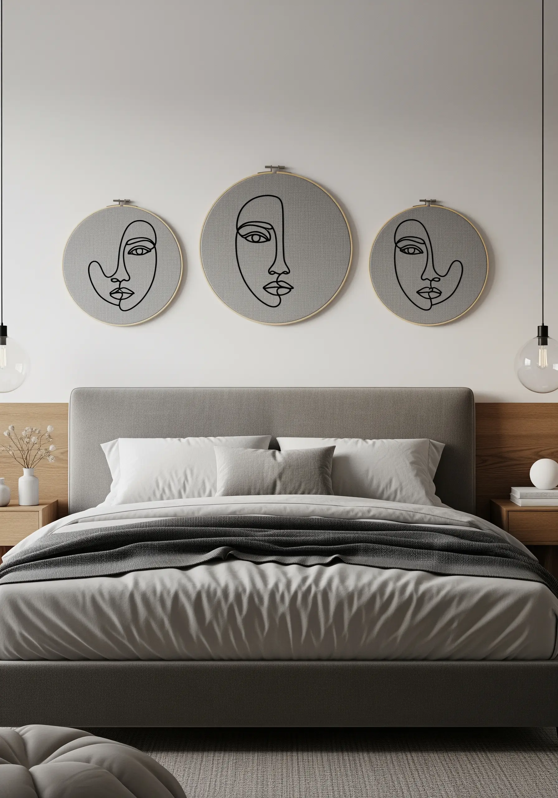 Three embroidery hoops with minimalist single-line face portraits hanging above a bed.