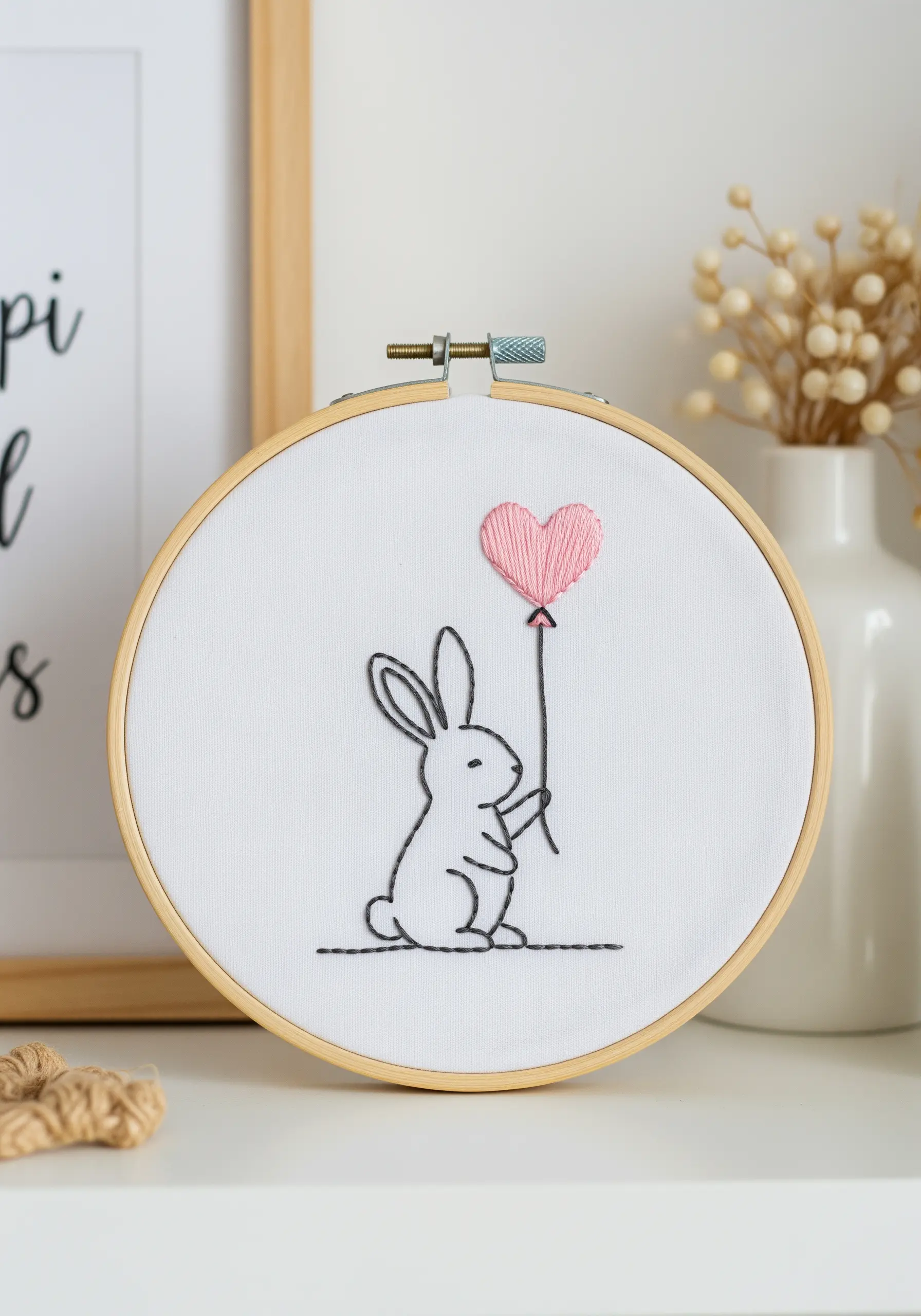 Minimalist backstitch bunny holding a pink satin stitch heart balloon.