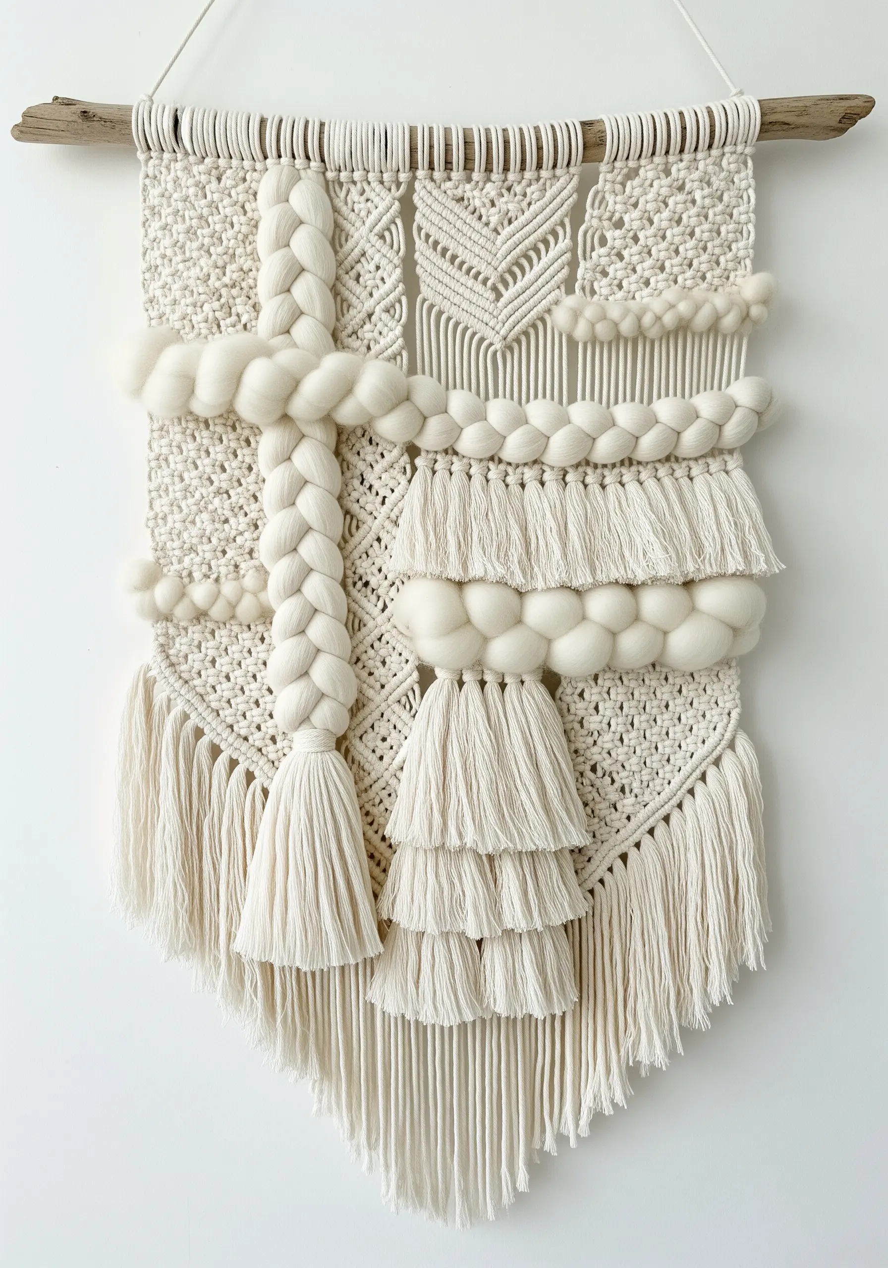 A complex, monochrome cream wall hanging combining macrame, braids, and wool roving.