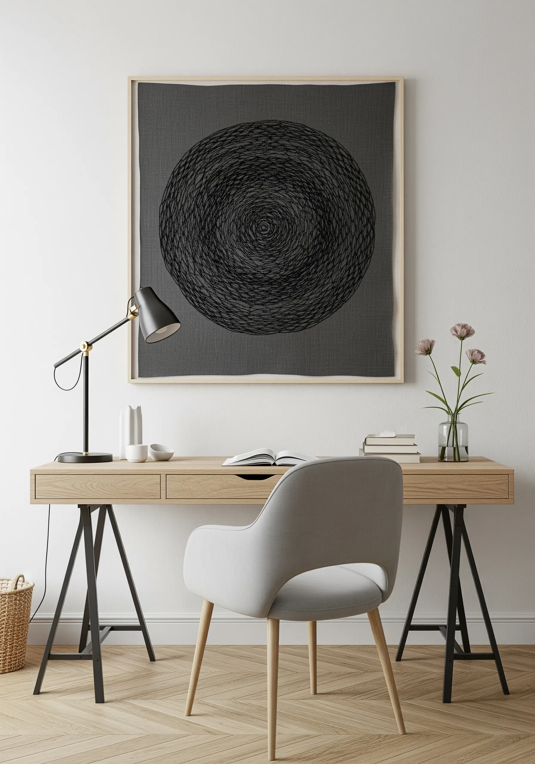 Large-scale framed black-on-black embroidery with a dense, circular, textured pattern.