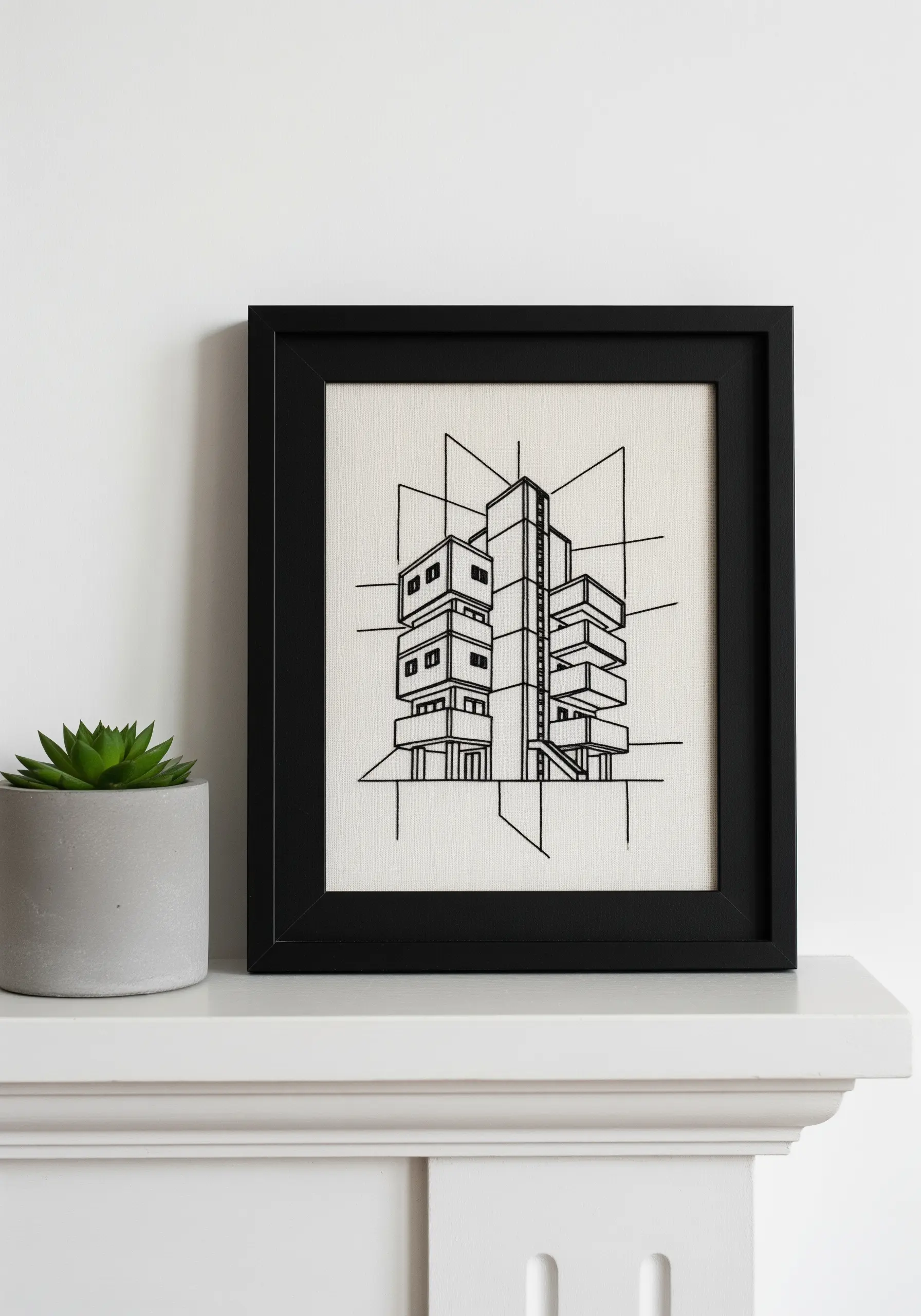 Minimalist black-thread embroidery of a modern building in a black frame.