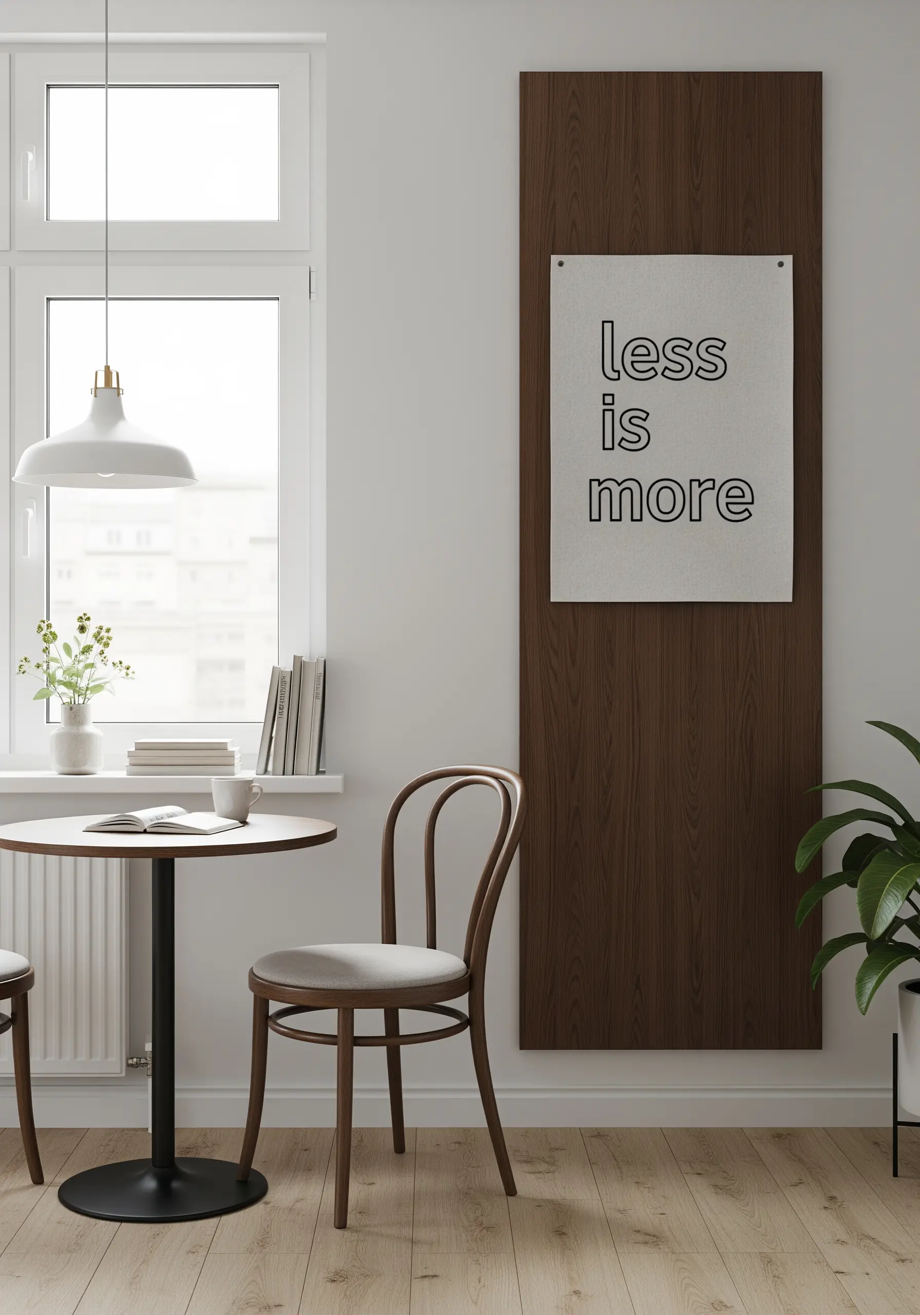 An oversized fabric wall hanging with the phrase 'less is more' in simple black letters.