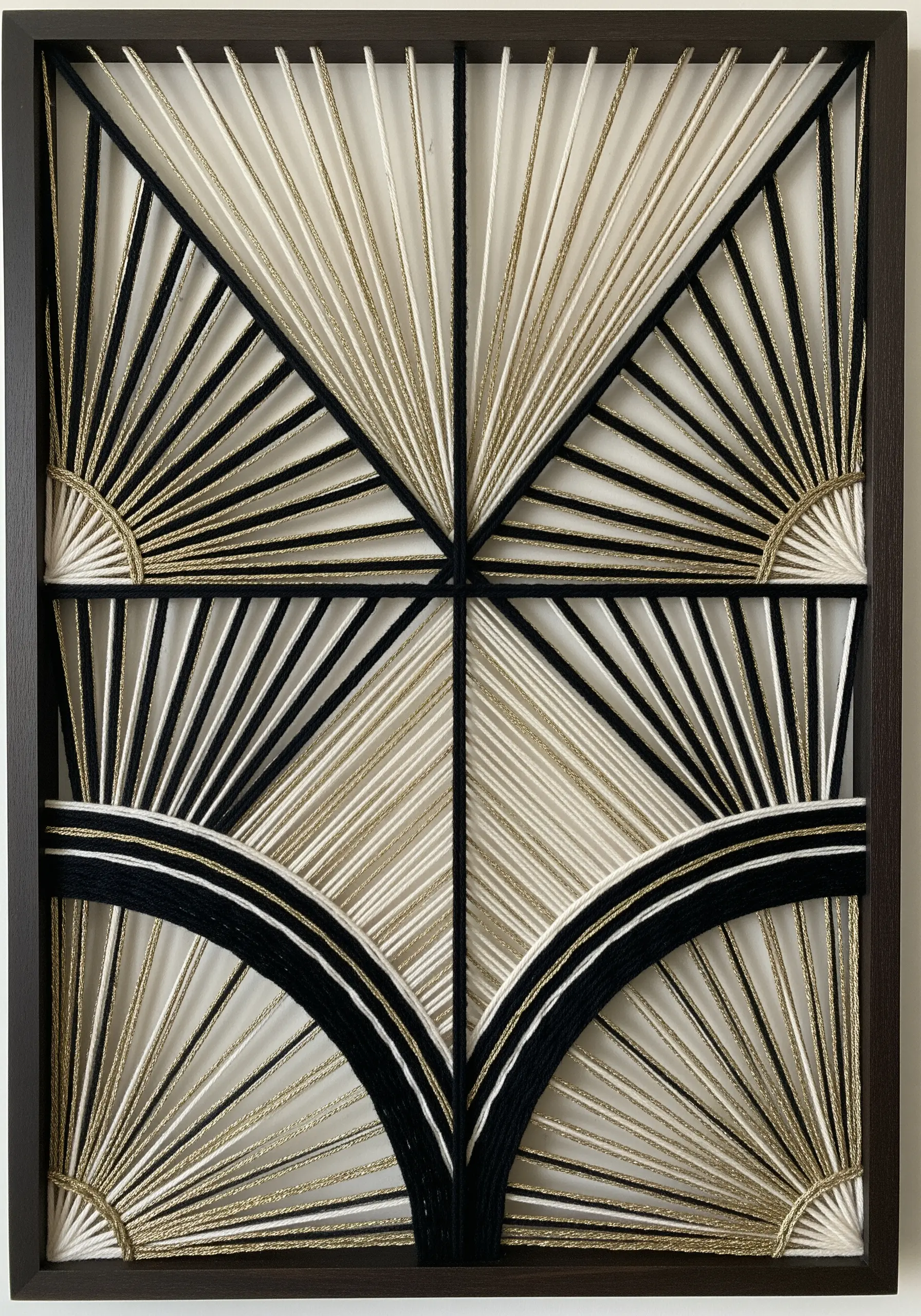 Framed string art with a geometric Art Deco pattern in black, white, and gold thread.