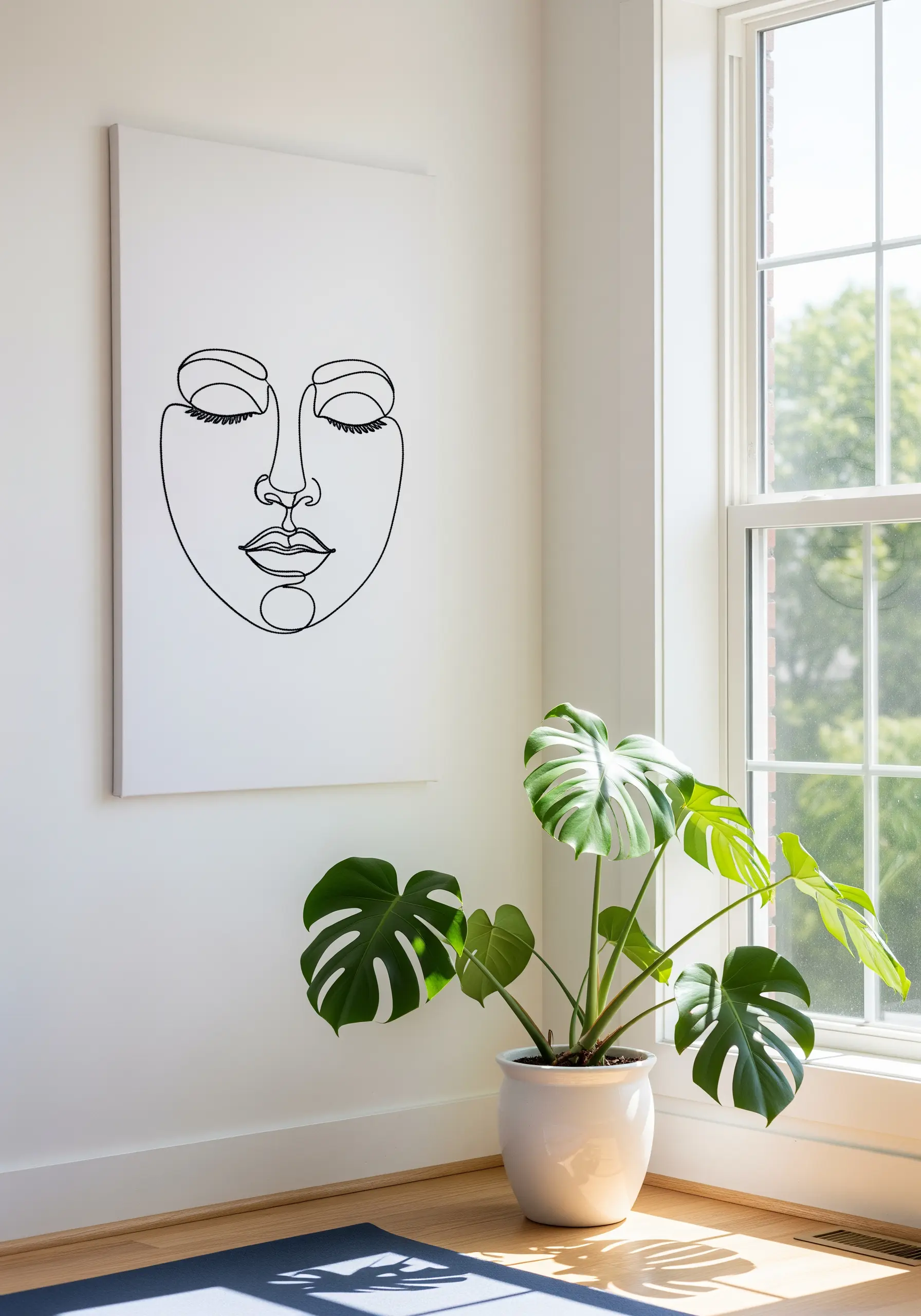 A large canvas with a minimalist single-line portrait of a serene face.