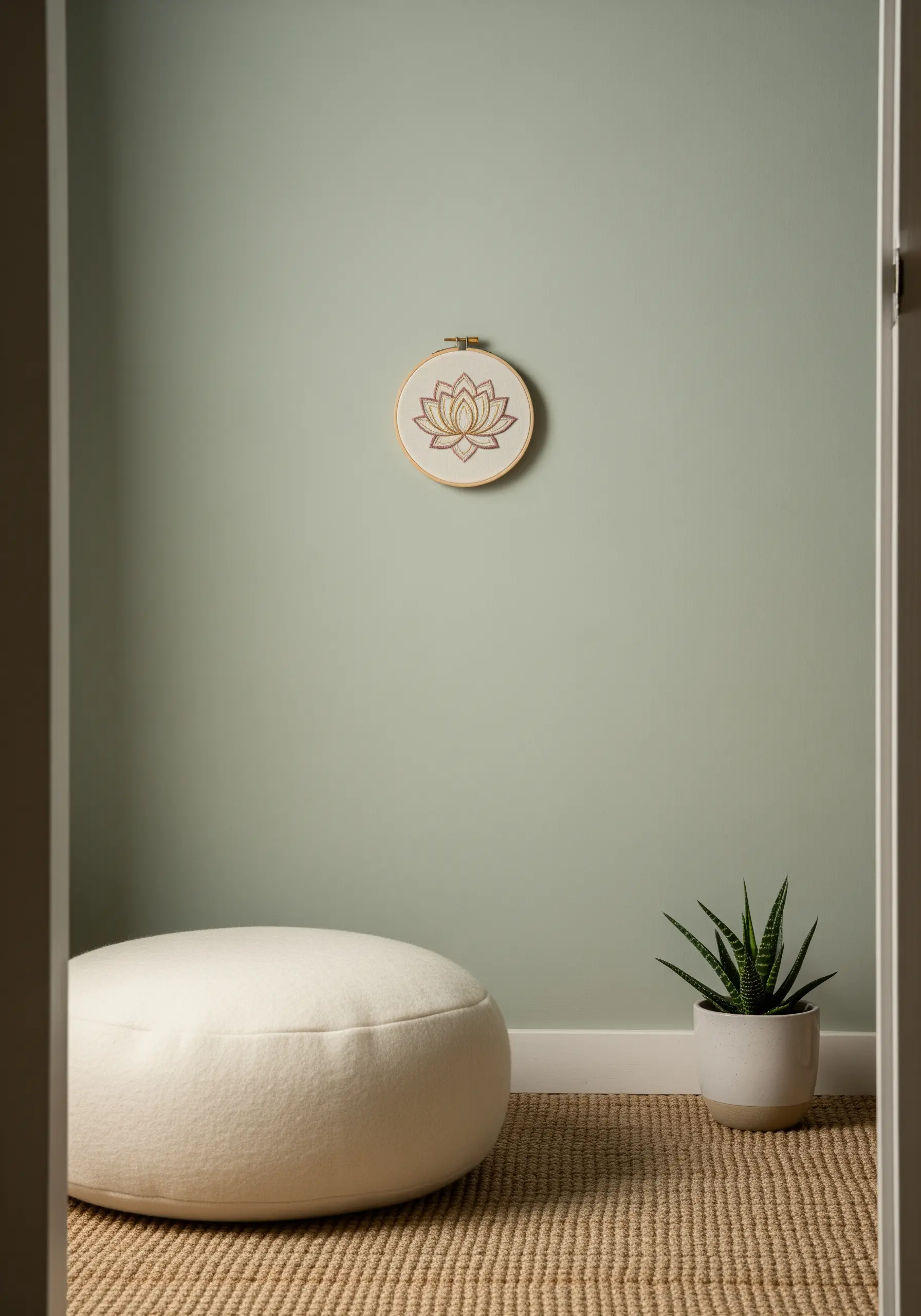 Gold metallic thread lotus mandala on natural linen in a wooden hoop.