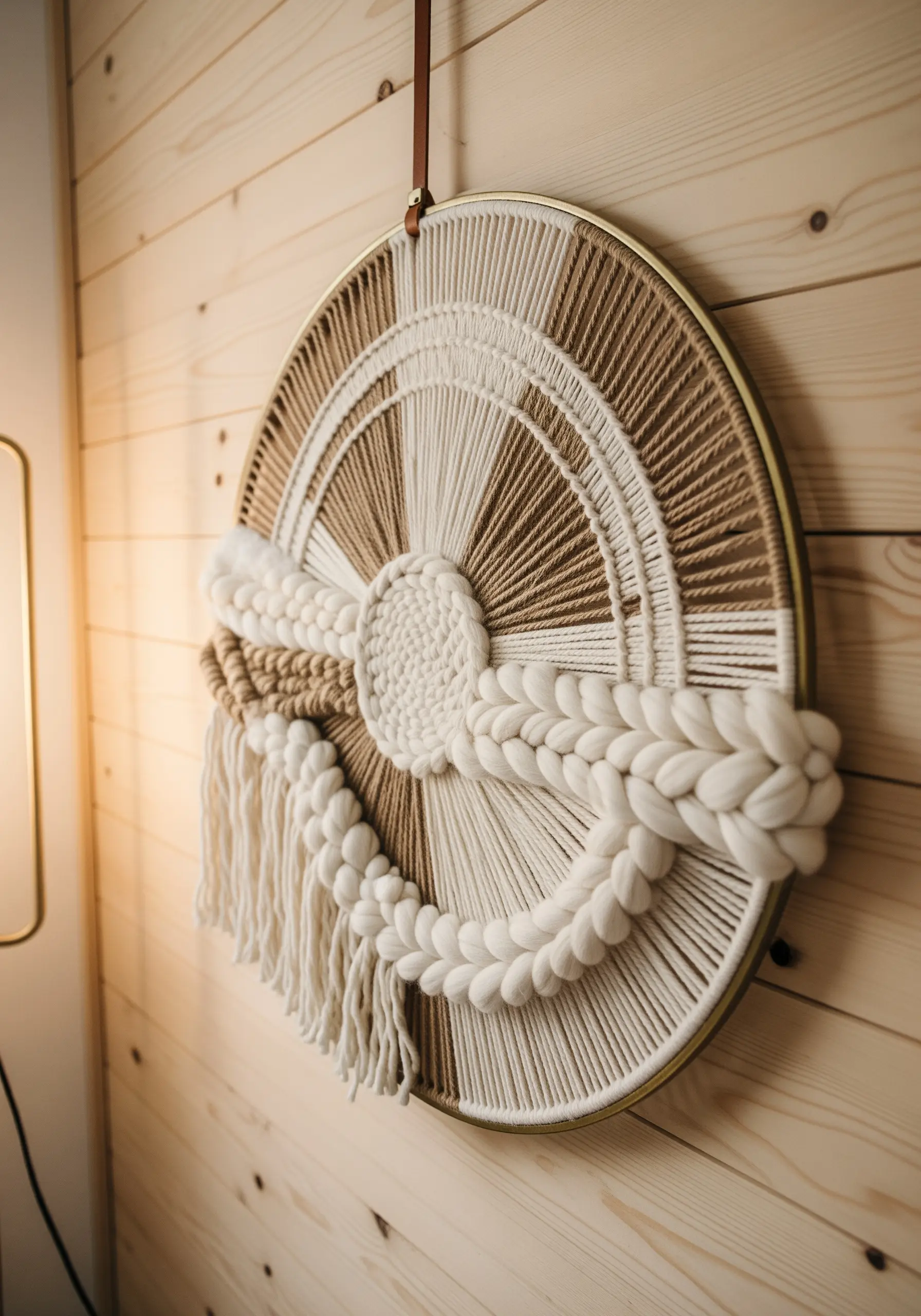 Circular yarn art in a gold hoop with radial threads and chunky white and beige braids.