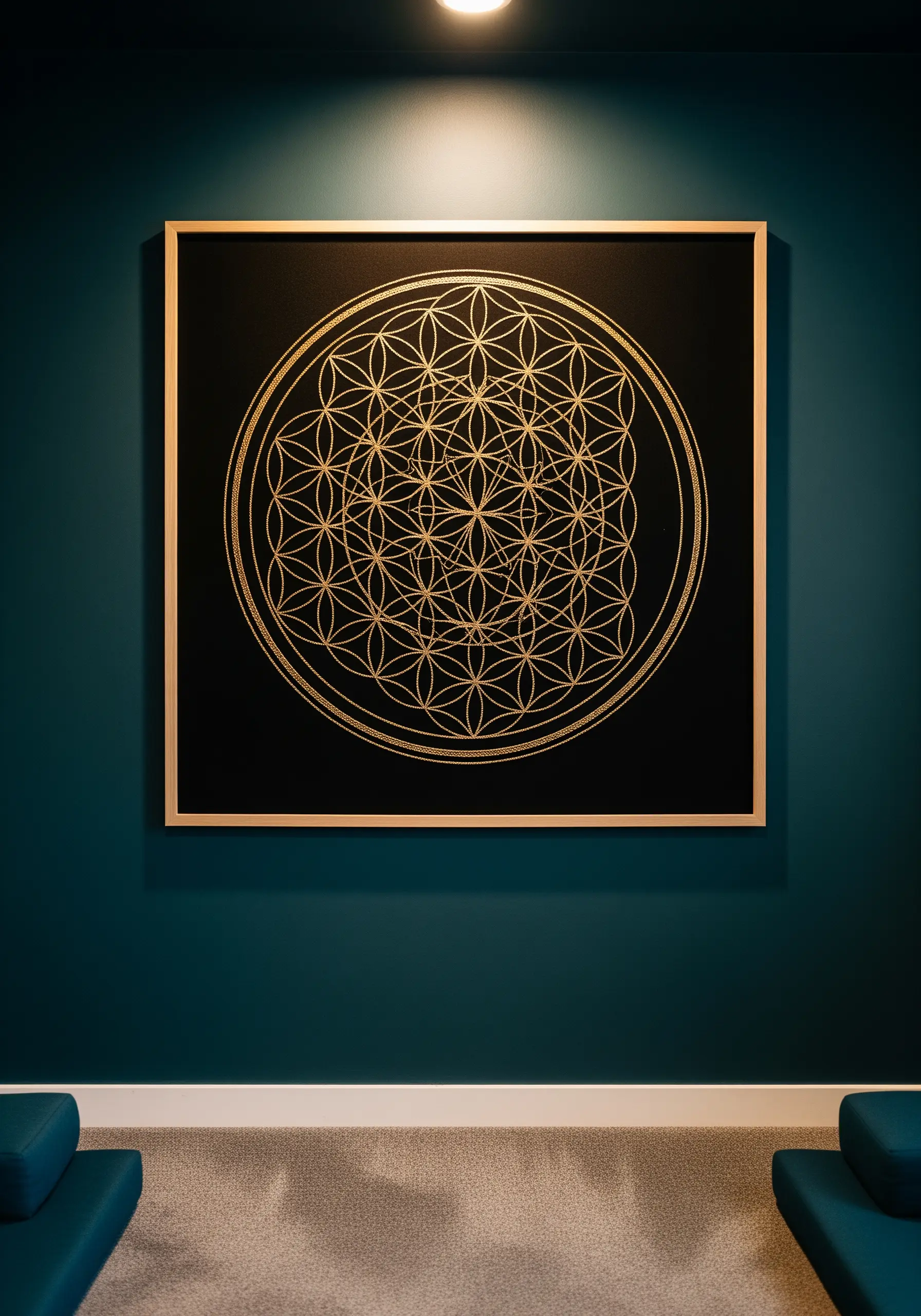 A framed Flower of Life pattern in gold thread on a black background.