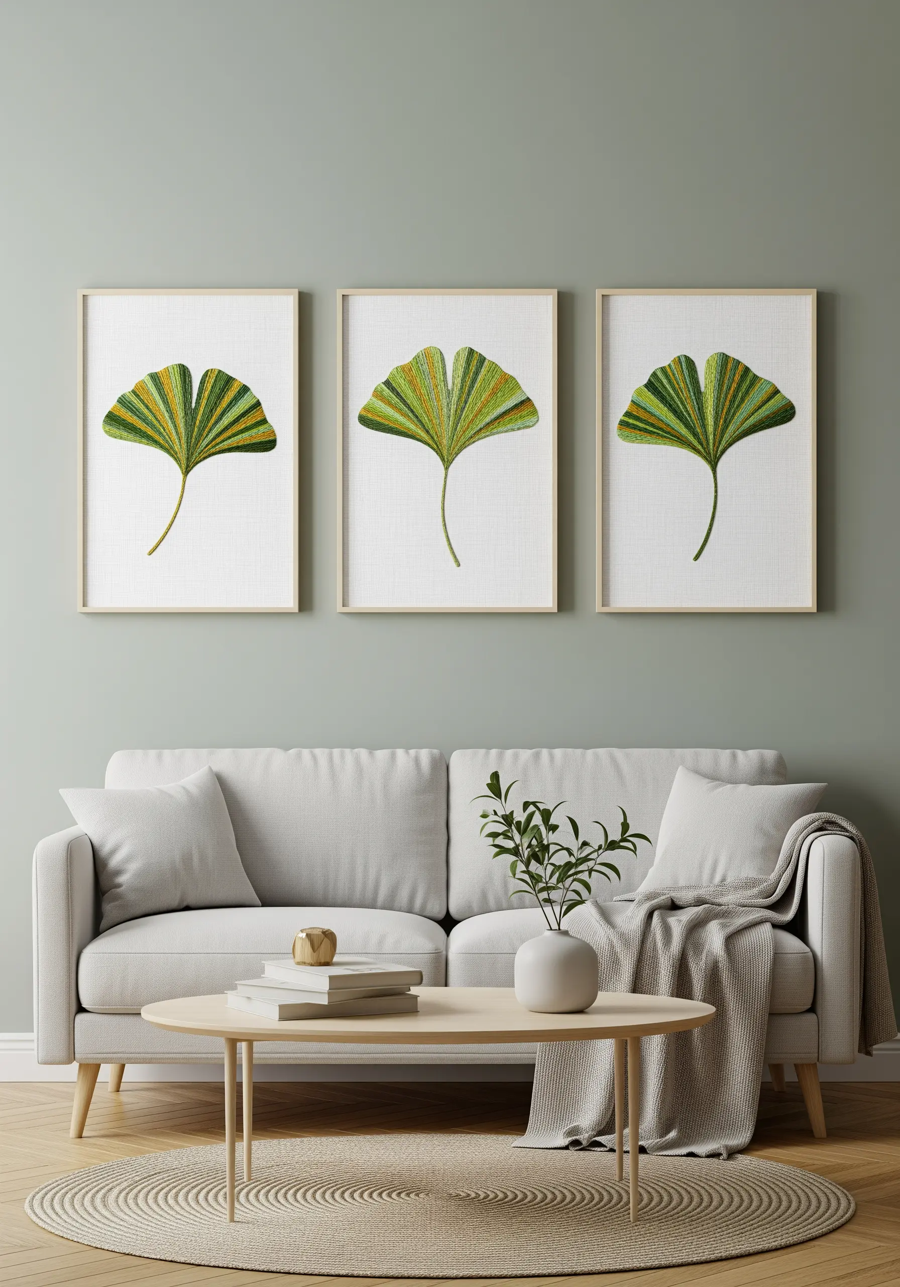 Three framed embroideries, each featuring a single ginkgo leaf with a green-to-yellow gradient.