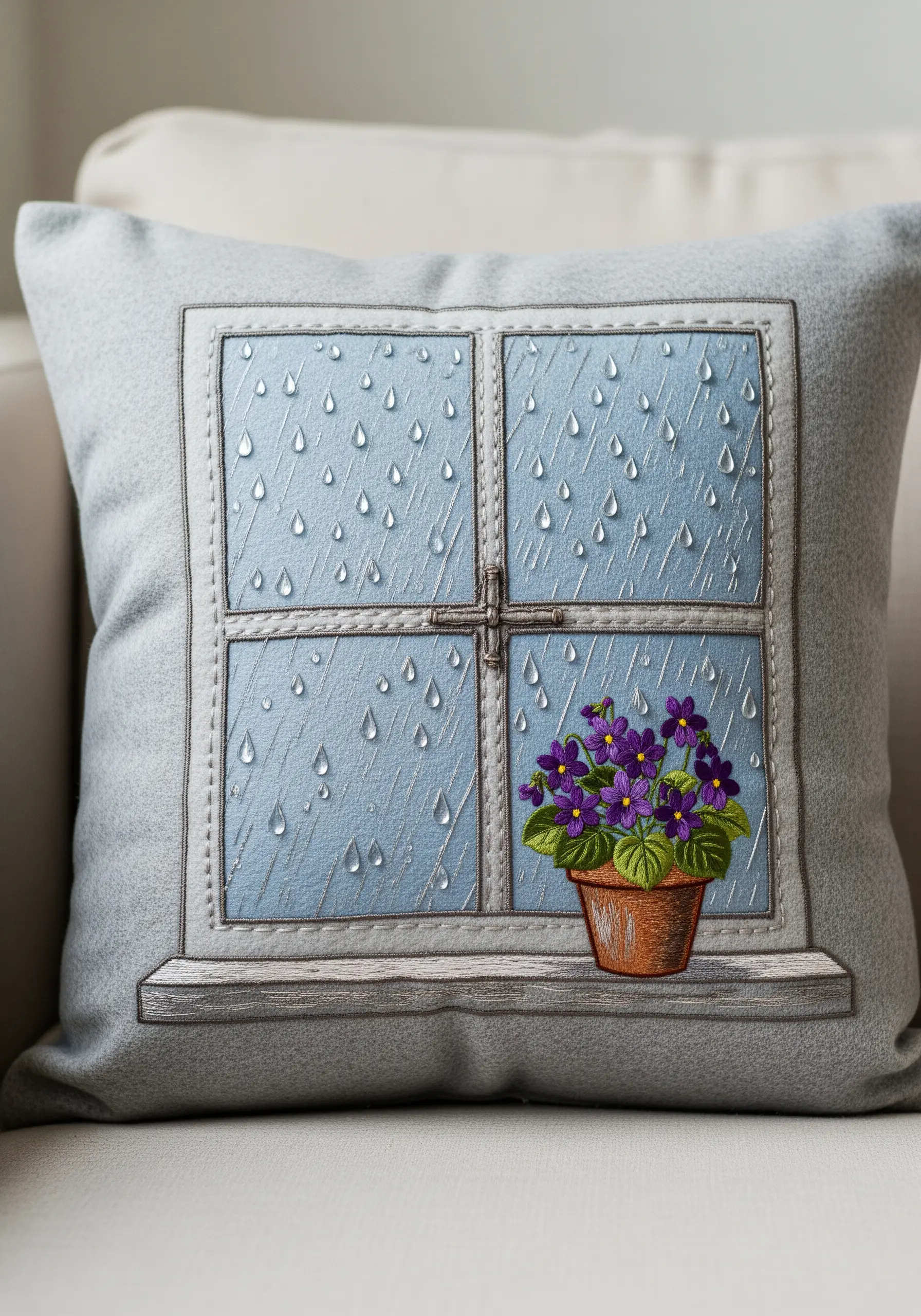 Embroidered rainy window scene with a pot of violets on the windowsill.