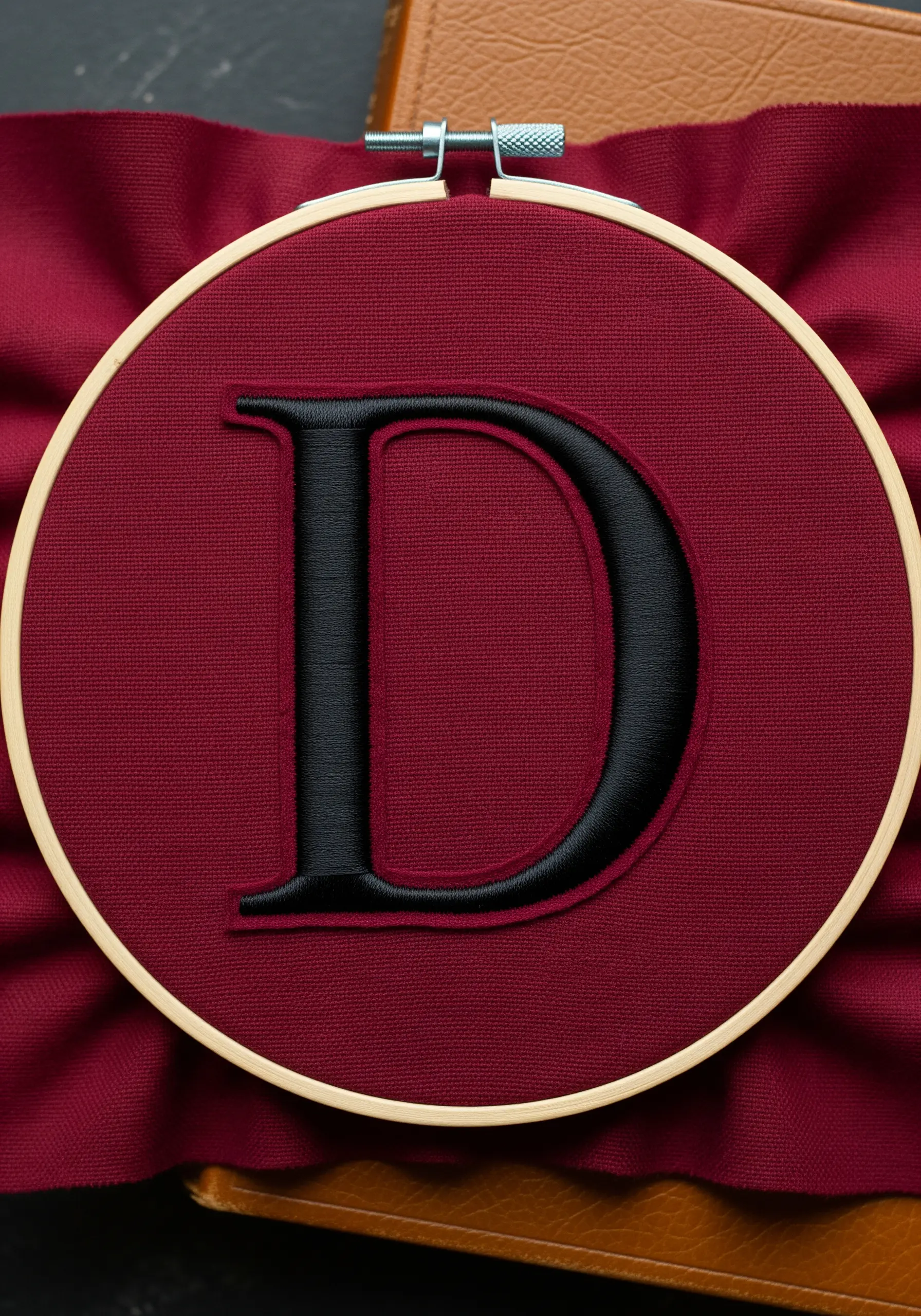 Black satin stitch 'D' with a defined raised edge on dark red fabric.