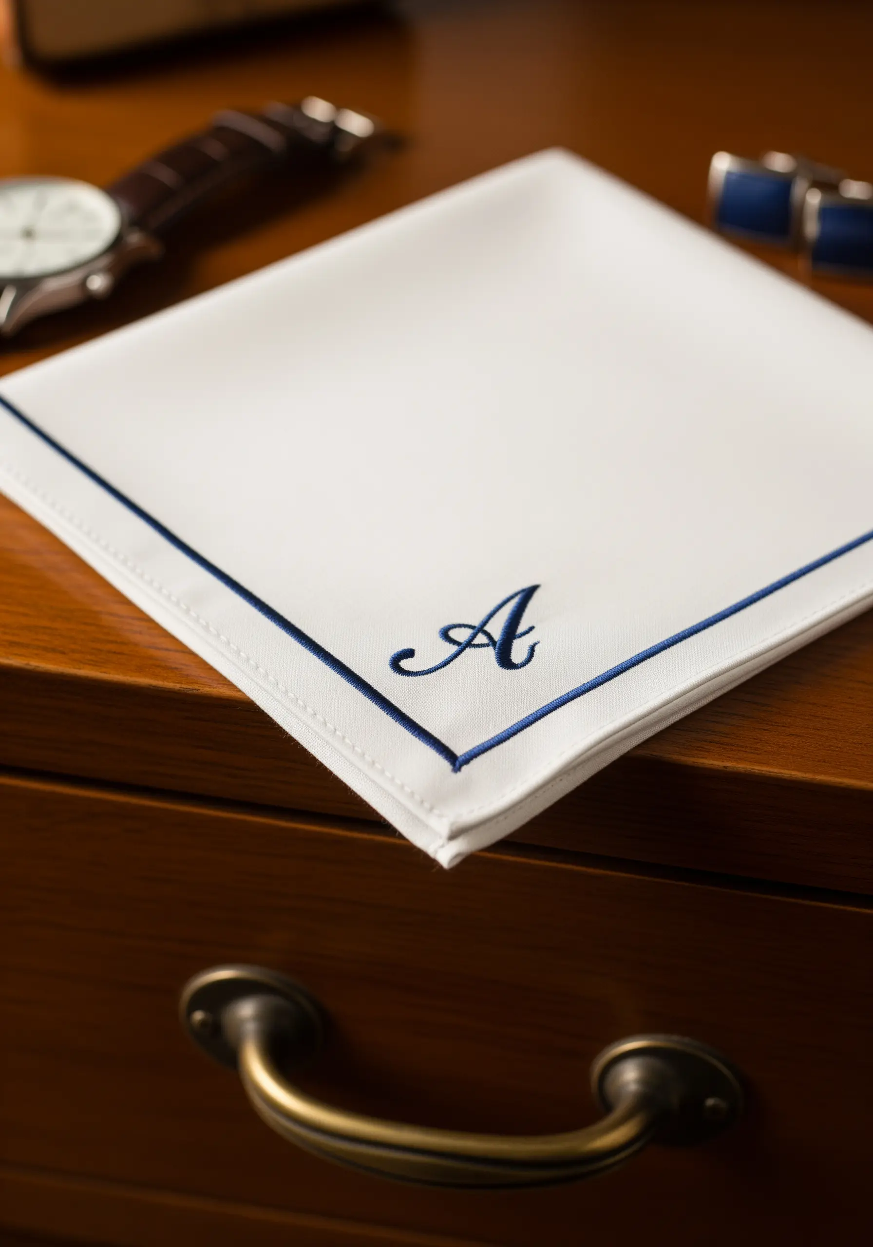 An elegant, navy blue embroidered monogram 'A' on the corner of a white handkerchief.