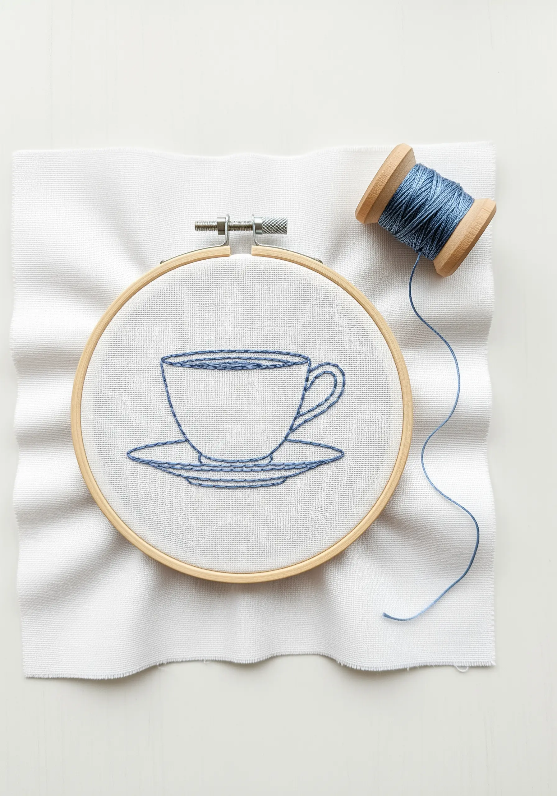 A delicate line-art embroidery of a teacup and saucer in blue thread.