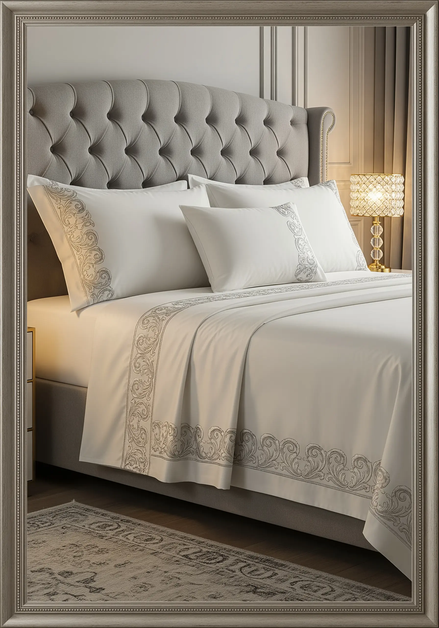 Ornate, baroque-style scrollwork embroidered in silver-grey thread on white sateen sheets.