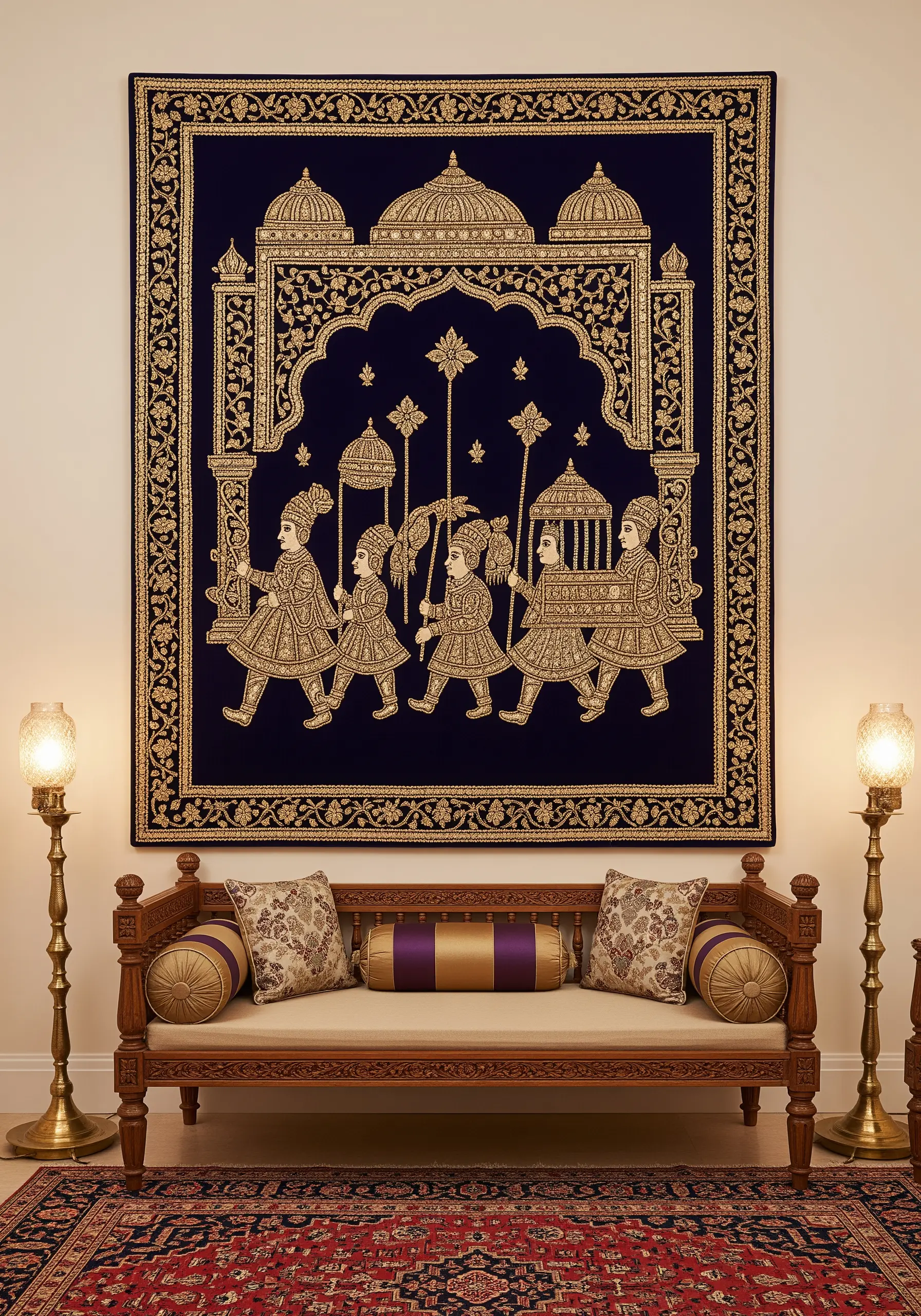 A large navy blue and gold Zardozi embroidered tapestry depicting a royal procession.