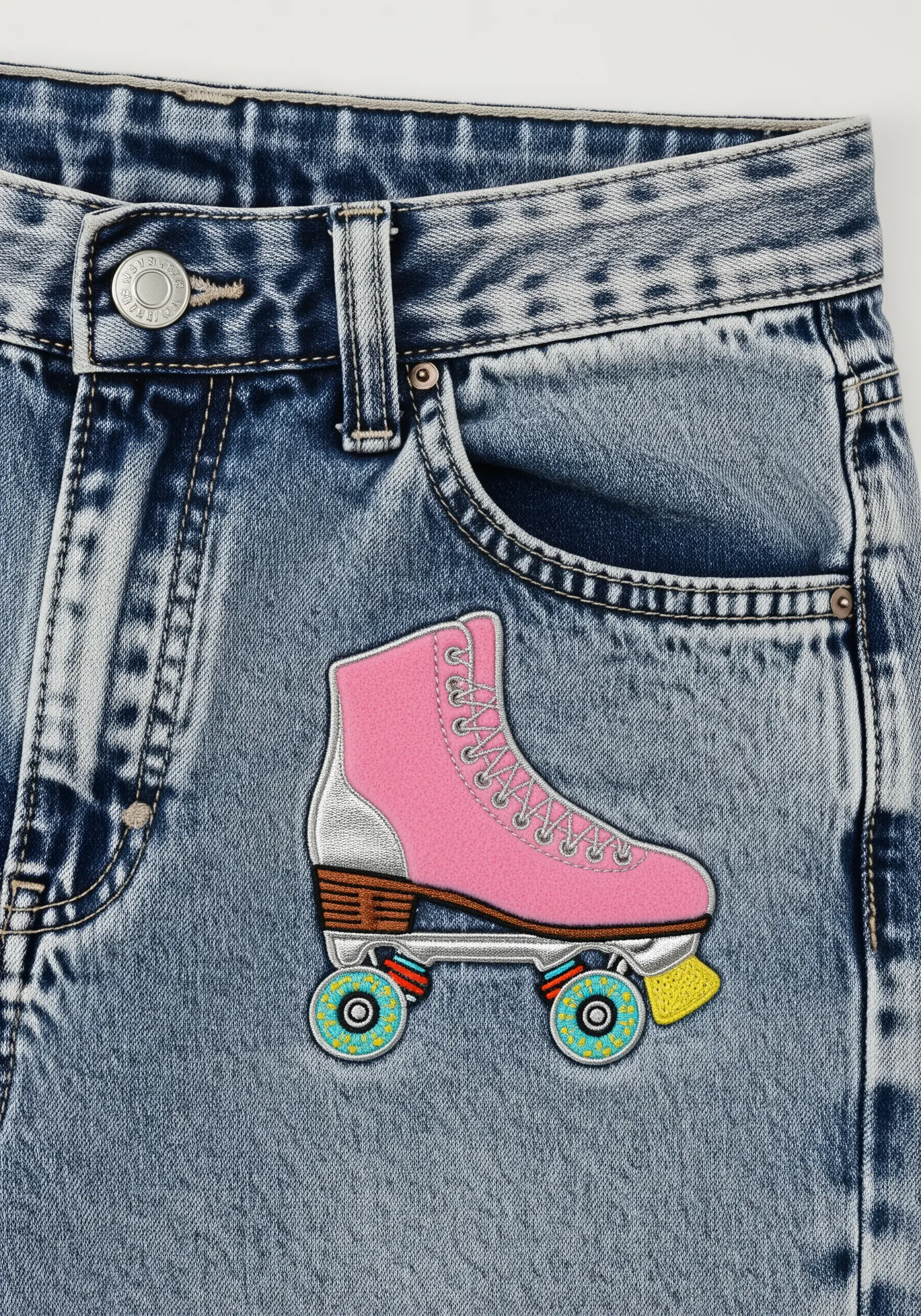 A detailed, retro-style pink roller skate embroidered on acid-wash denim.
