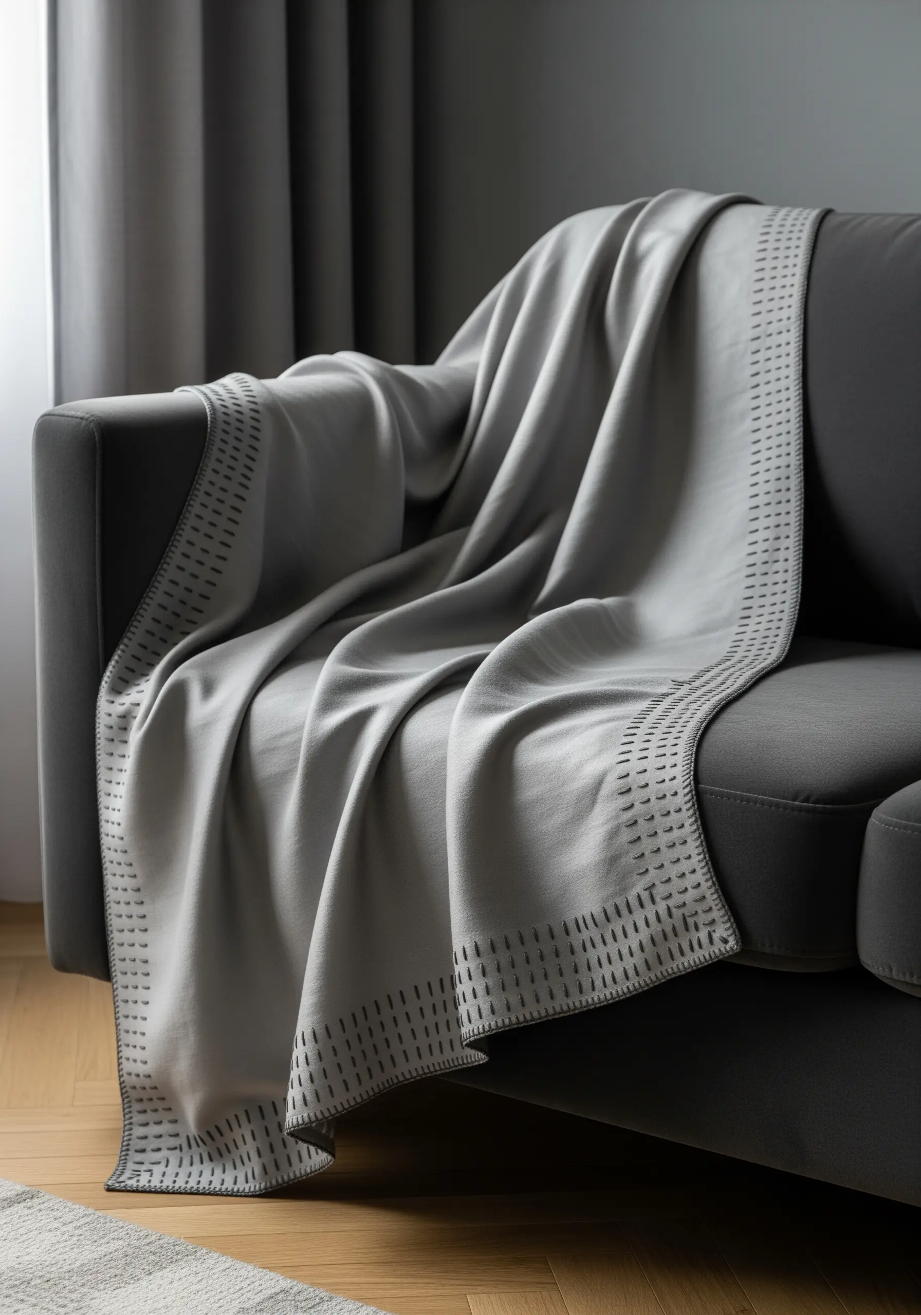 Close-up of a grey throw blanket with a tone-on-tone geometric border.