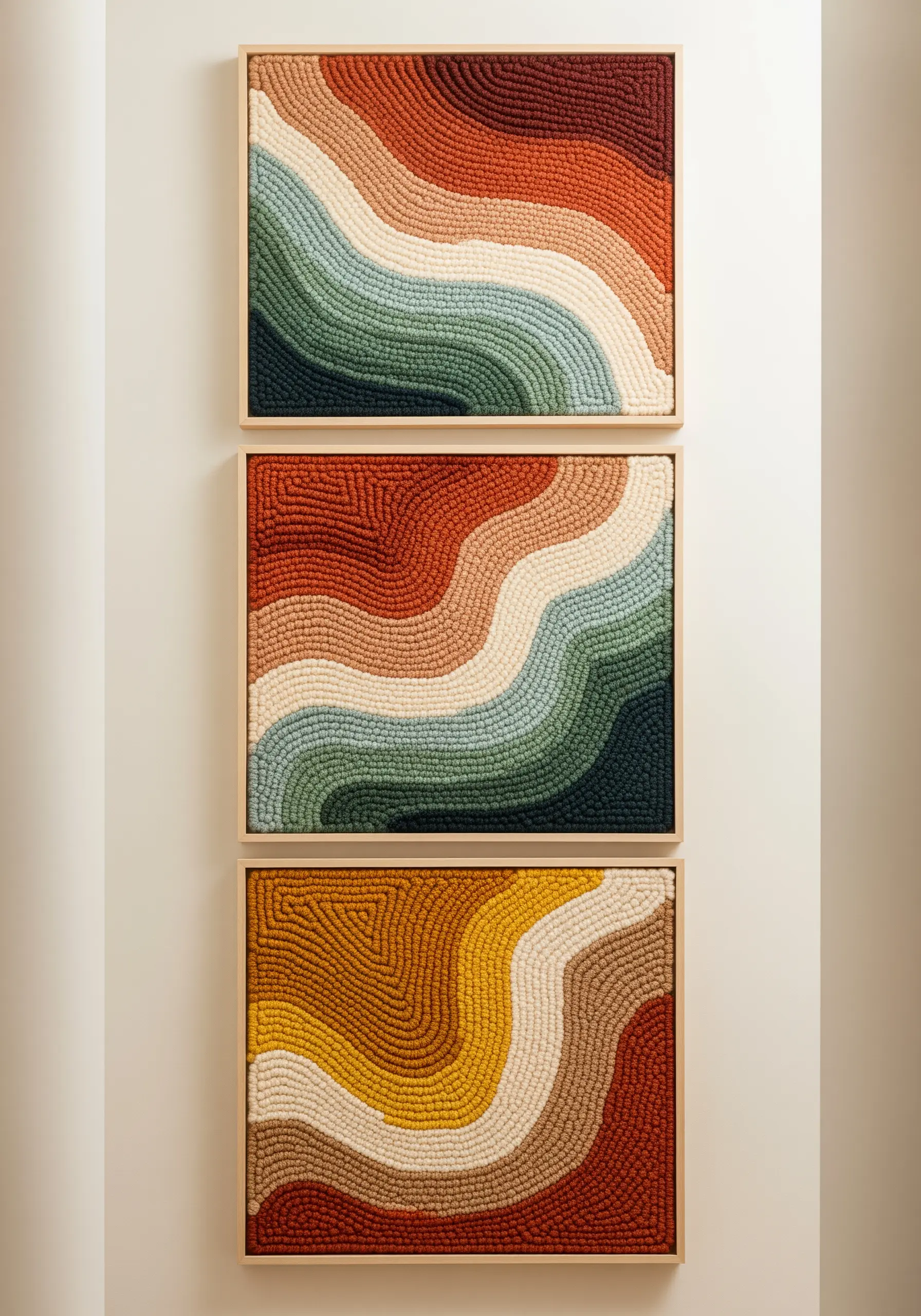 Triptych of framed punch needle art with wavy, earth-toned landscapes.