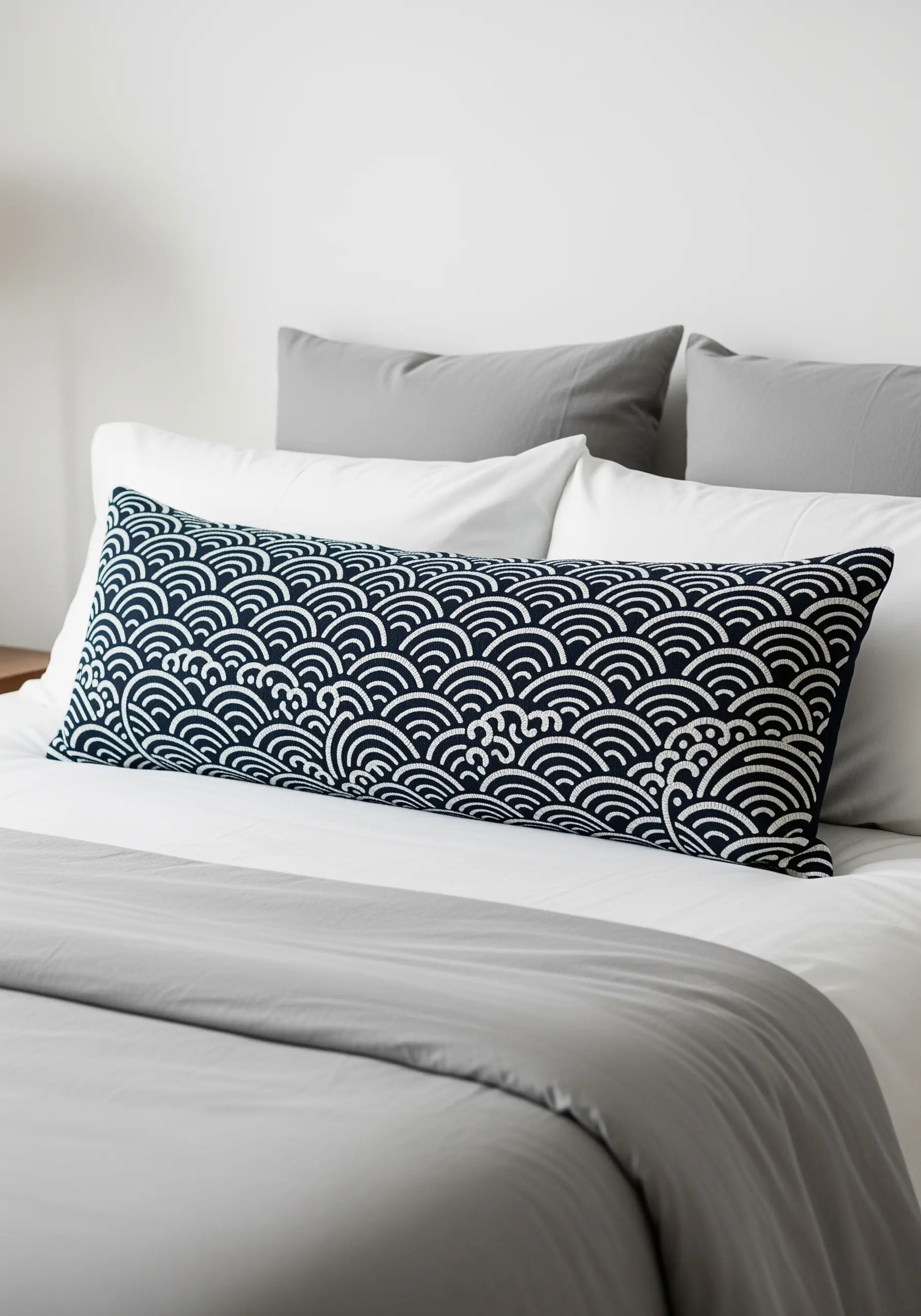 Japanese Seigaiha wave pattern embroidered in white on a long navy blue pillow.