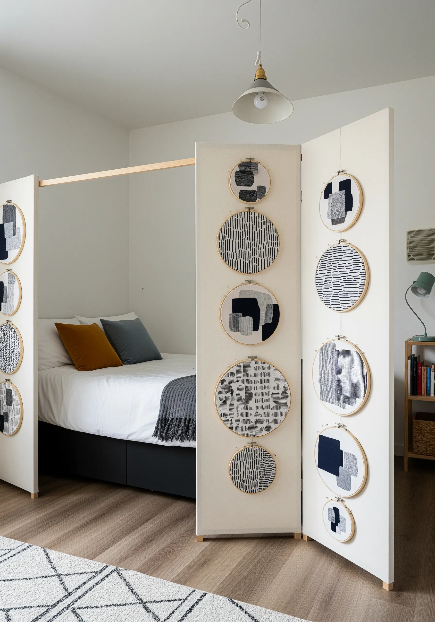 A collection of abstract embroidery hoops hanging on a white folding screen room divider.