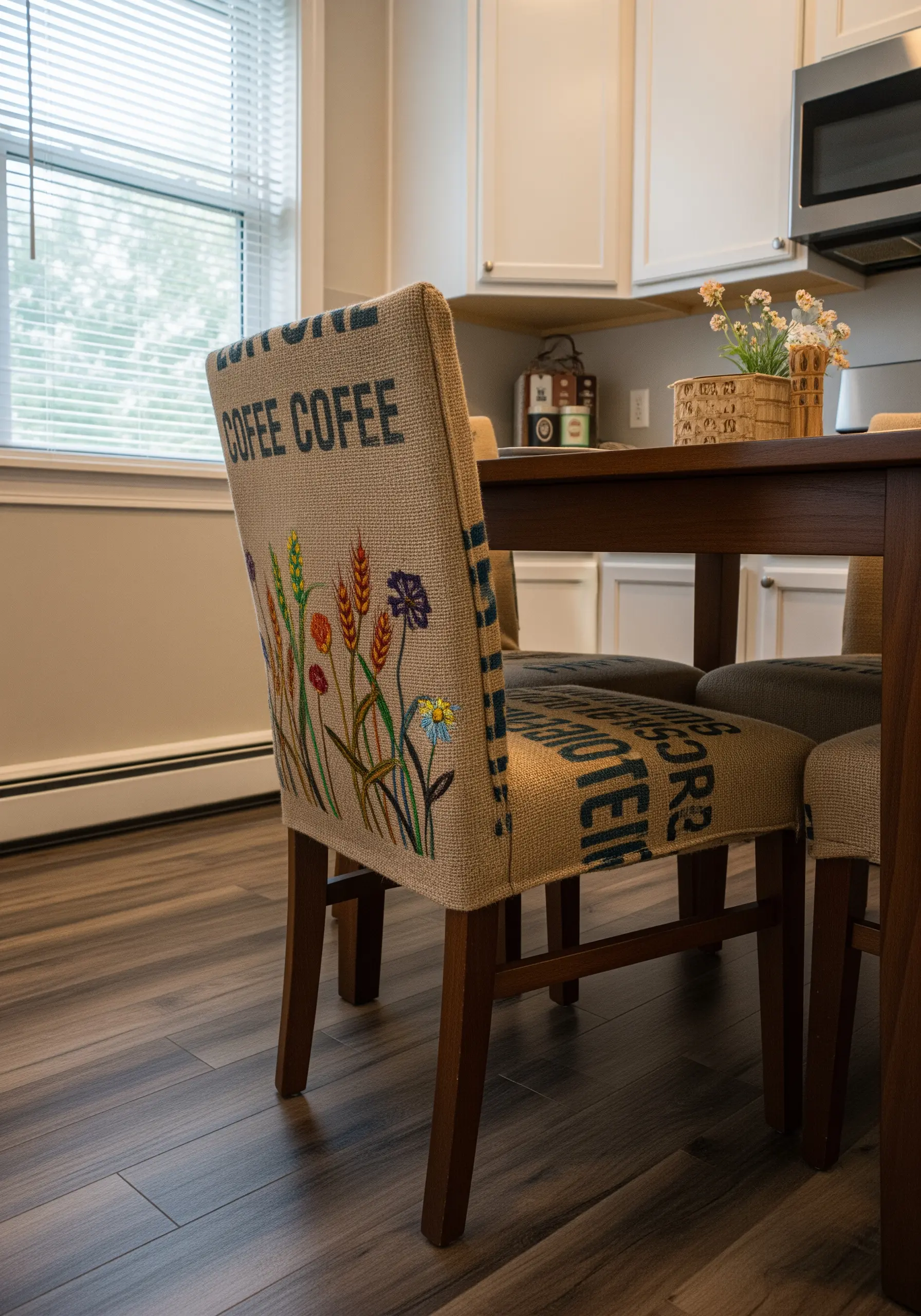 A dining chair reupholstered in burlap, with colorful wildflower embroidery on the back.