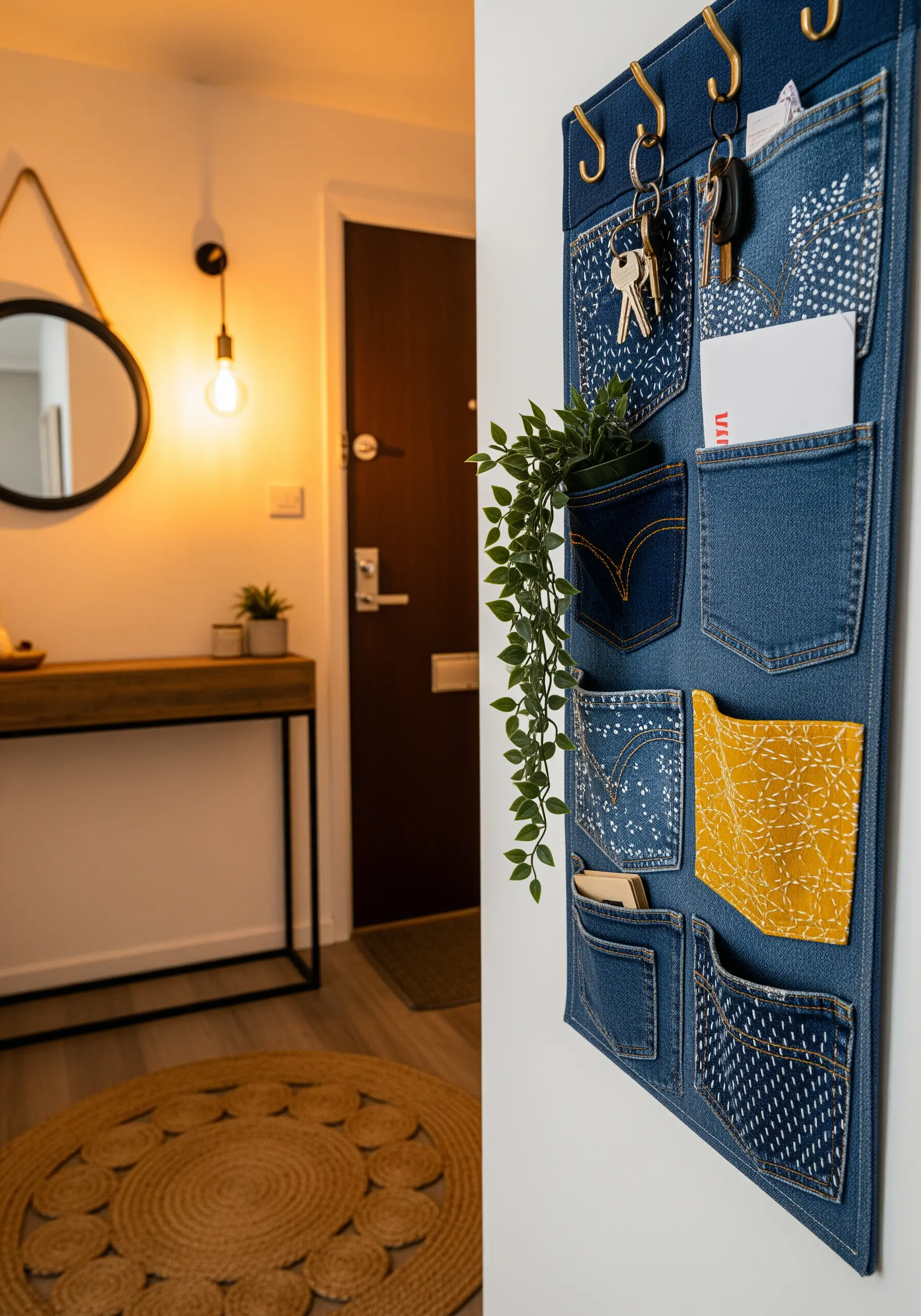 Upcycled denim pocket wall organizer with Sashiko-style stitched details.