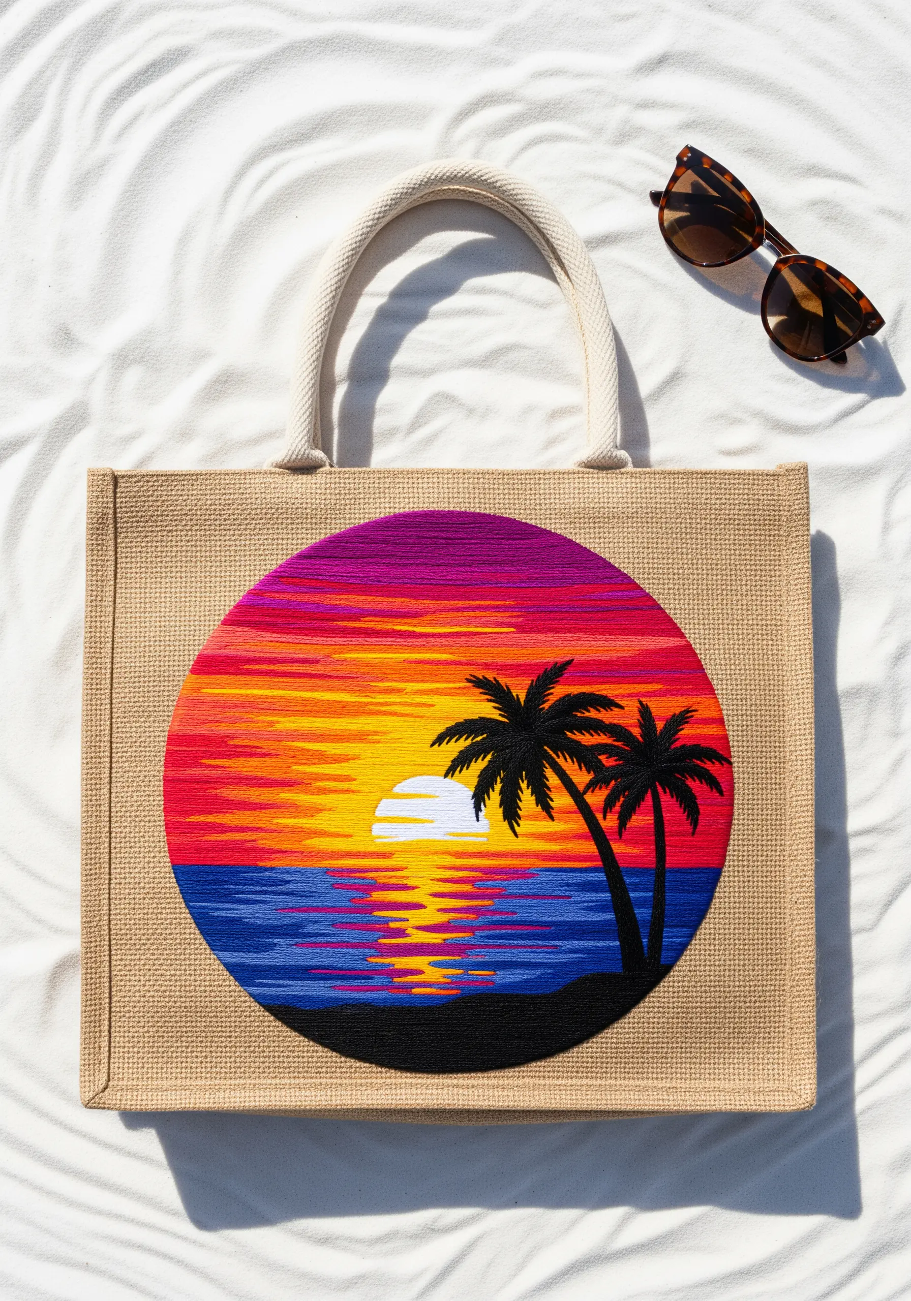 Circular embroidery of a vibrant sunset over the ocean, filled with blended horizontal stitches.