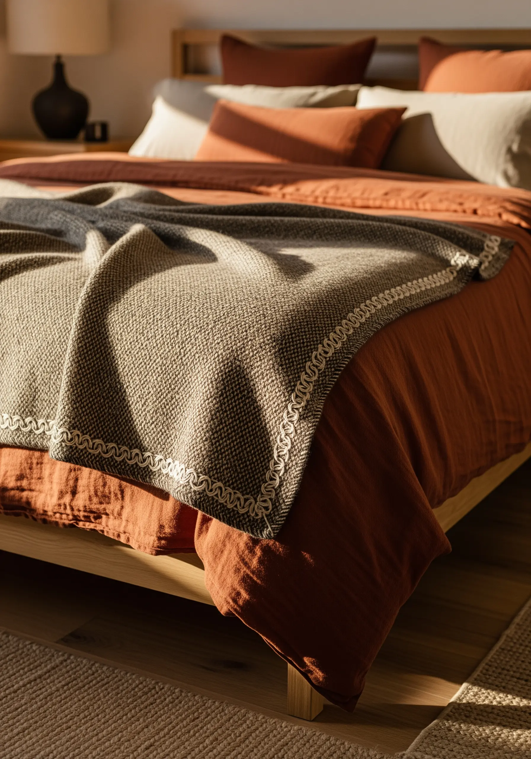 Woven throw blanket with a decorative white scalloped border stitch.