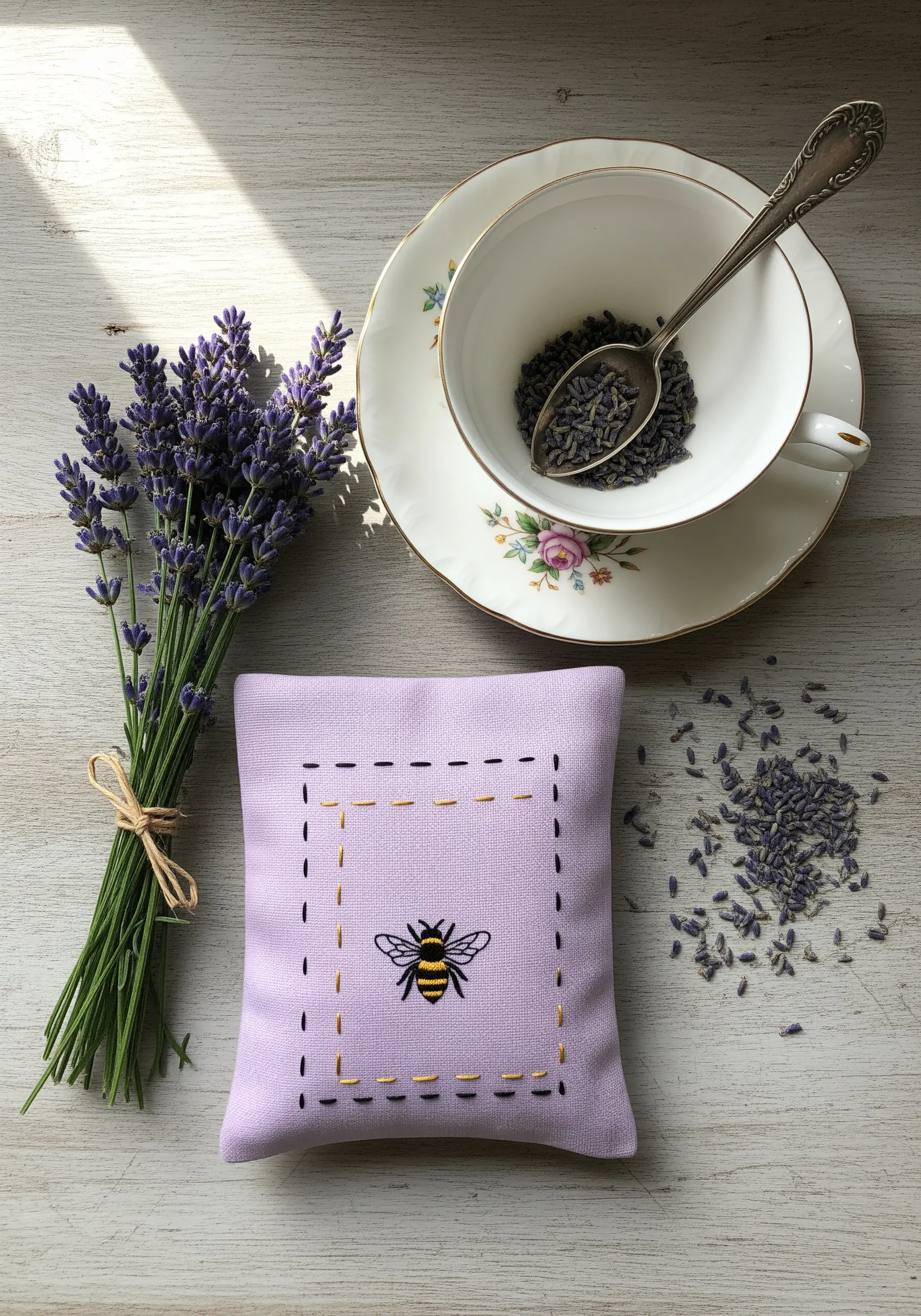 A small embroidered bee on a lavender sachet with a dashed running stitch border.
