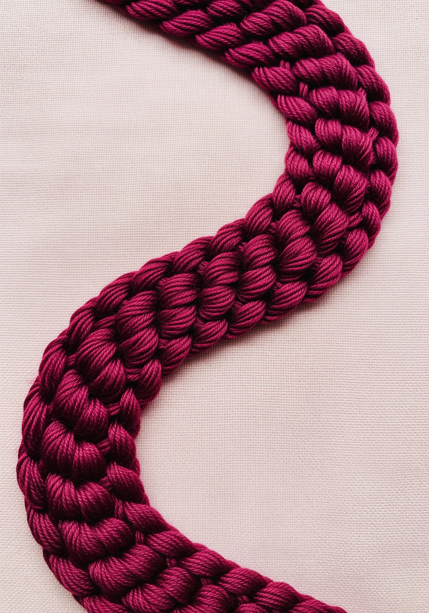 A close-up of a thick, curving braided stitch in magenta thread.