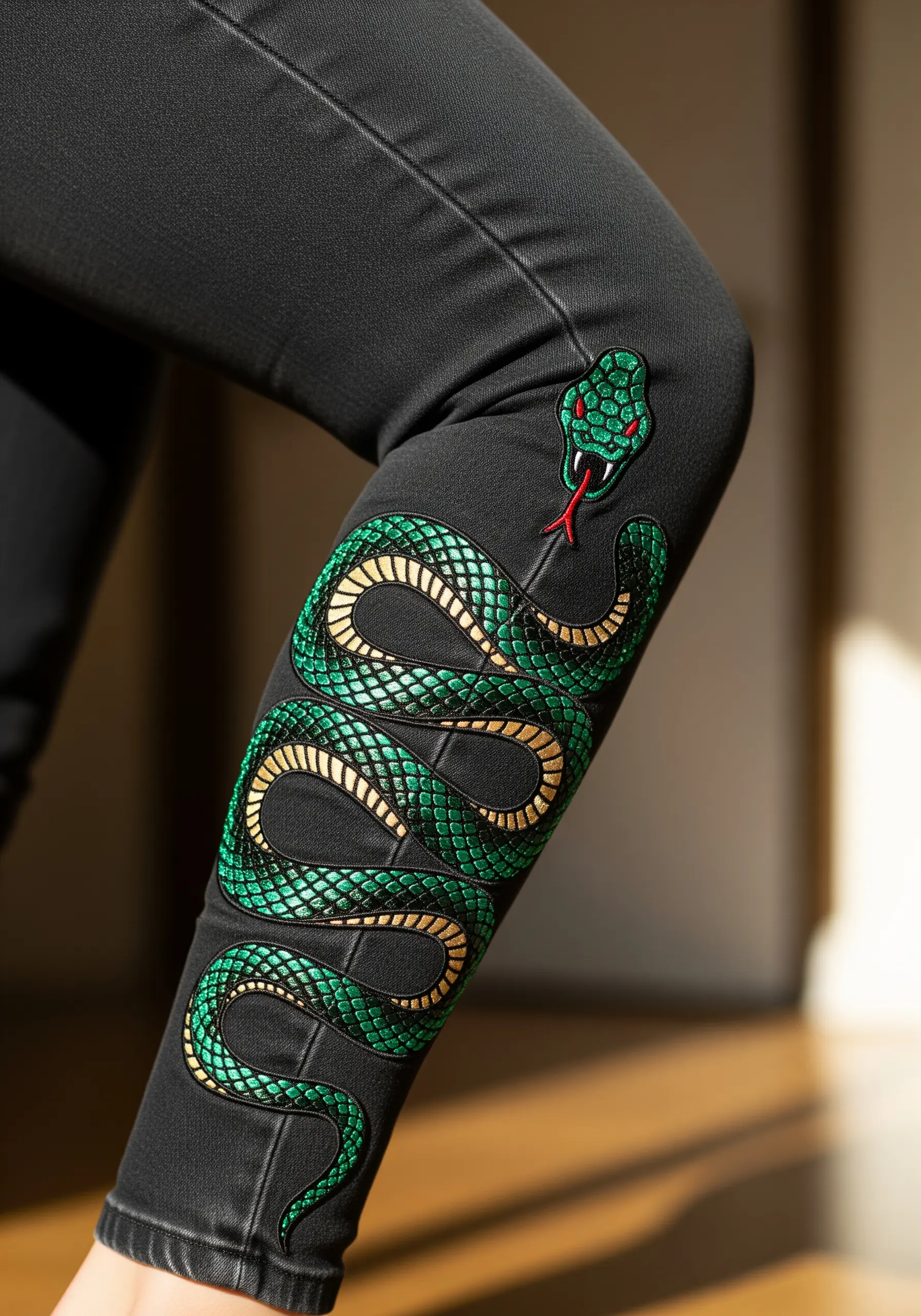 A large embroidered green and gold snake coiling up the leg of black jeans.