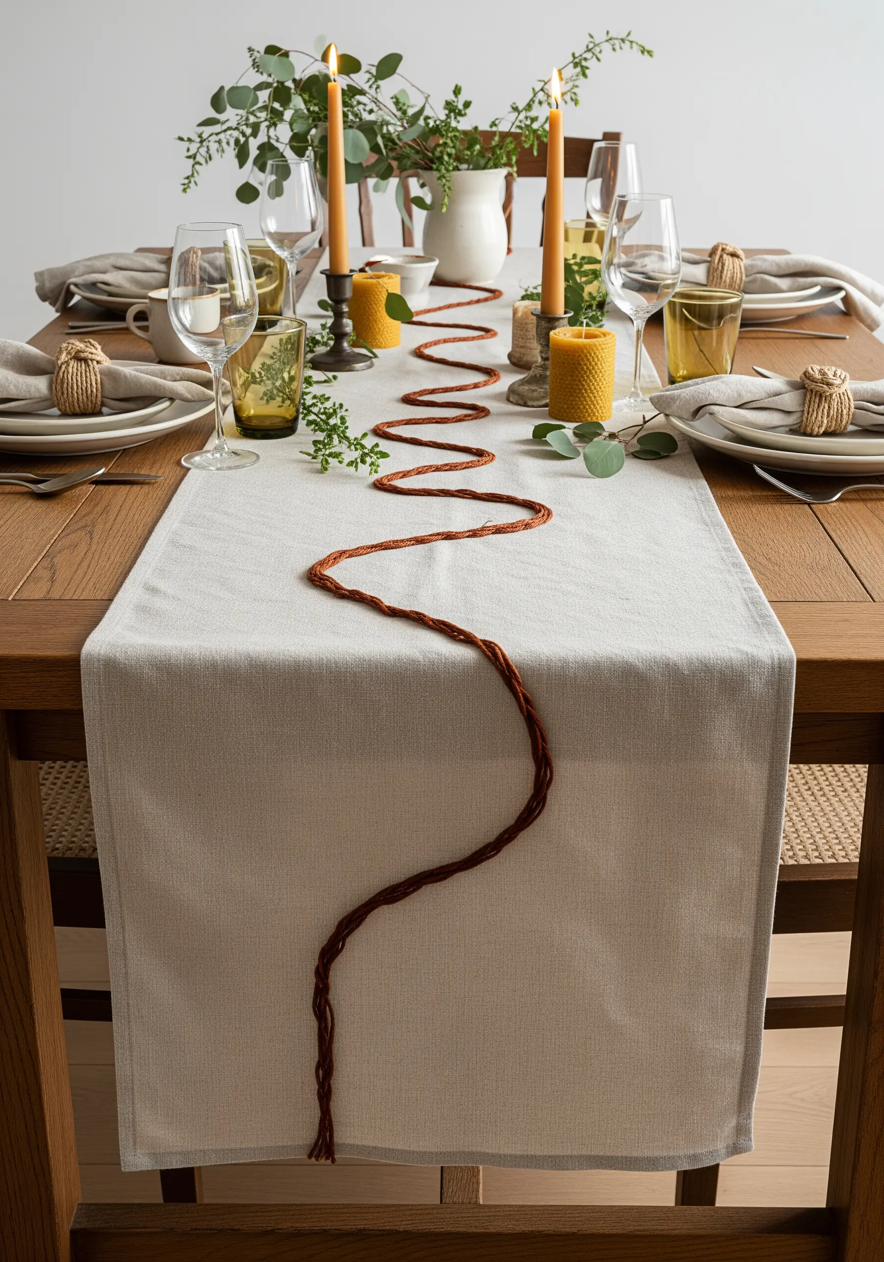 A thick, rust-colored cord couched in a wavy line down a neutral table runner.