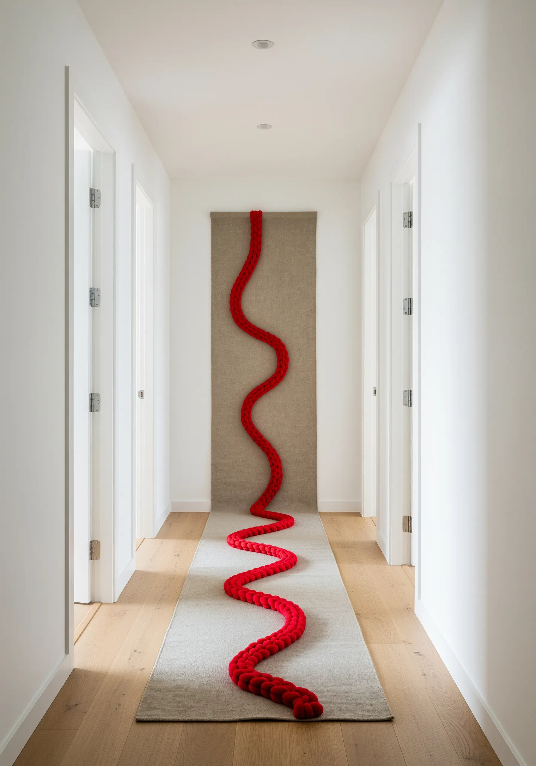 A long, winding red sculptural fiber element stitched onto a neutral runner in a hallway.