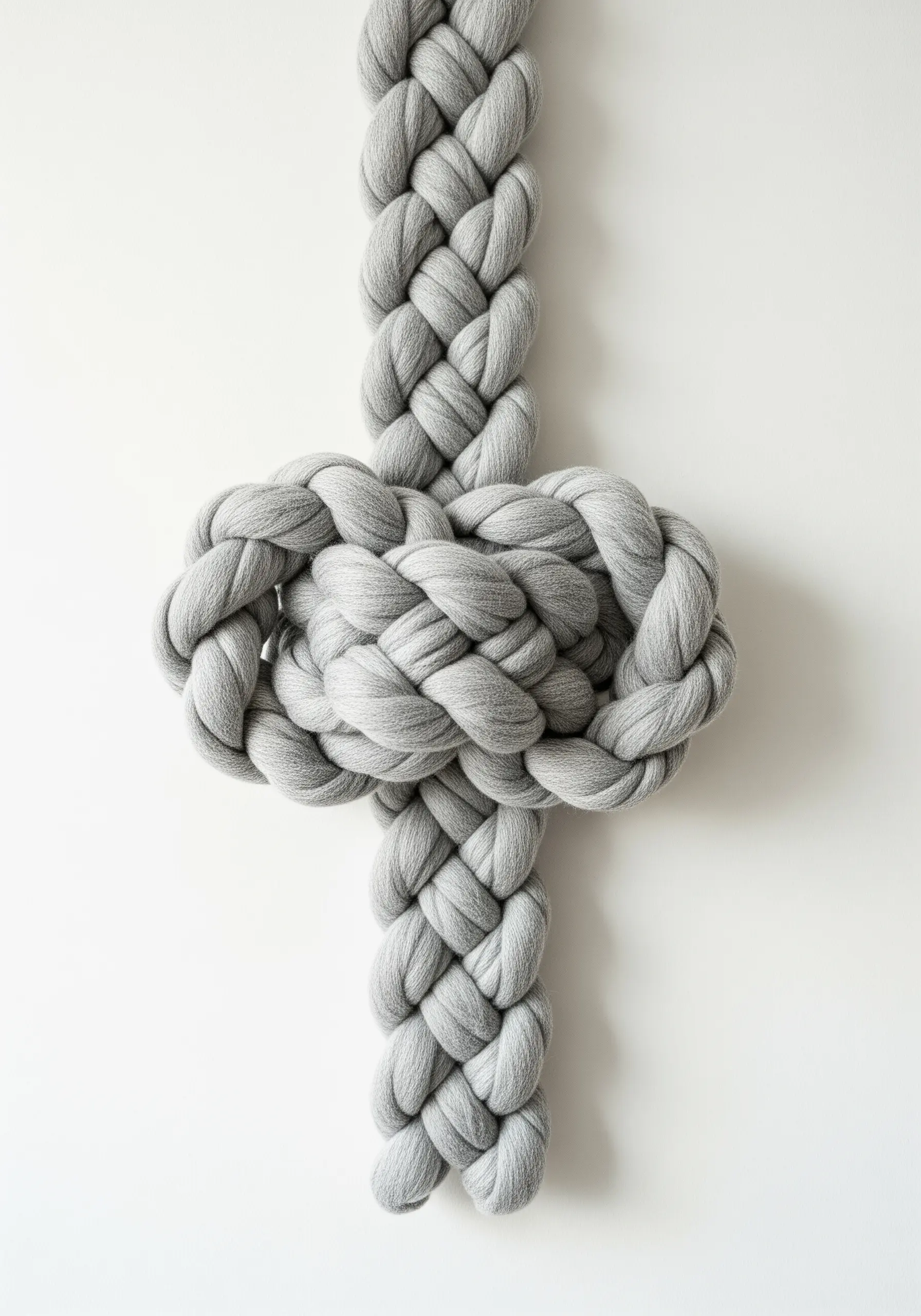 A large, complex knot made from thick, braided grey yarn against a white background.