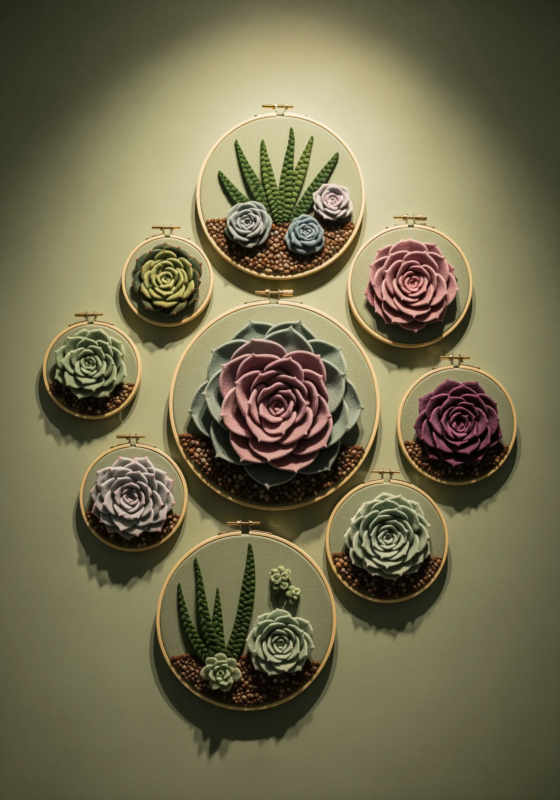 A gallery wall of 3D felt succulent embroidery in various hoop sizes.
