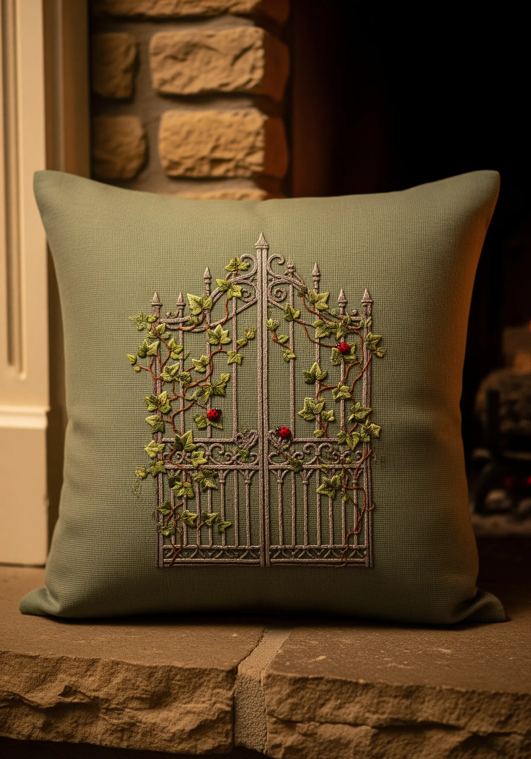 Embroidered iron gate with ivy vines and tiny ladybugs on a green cushion.