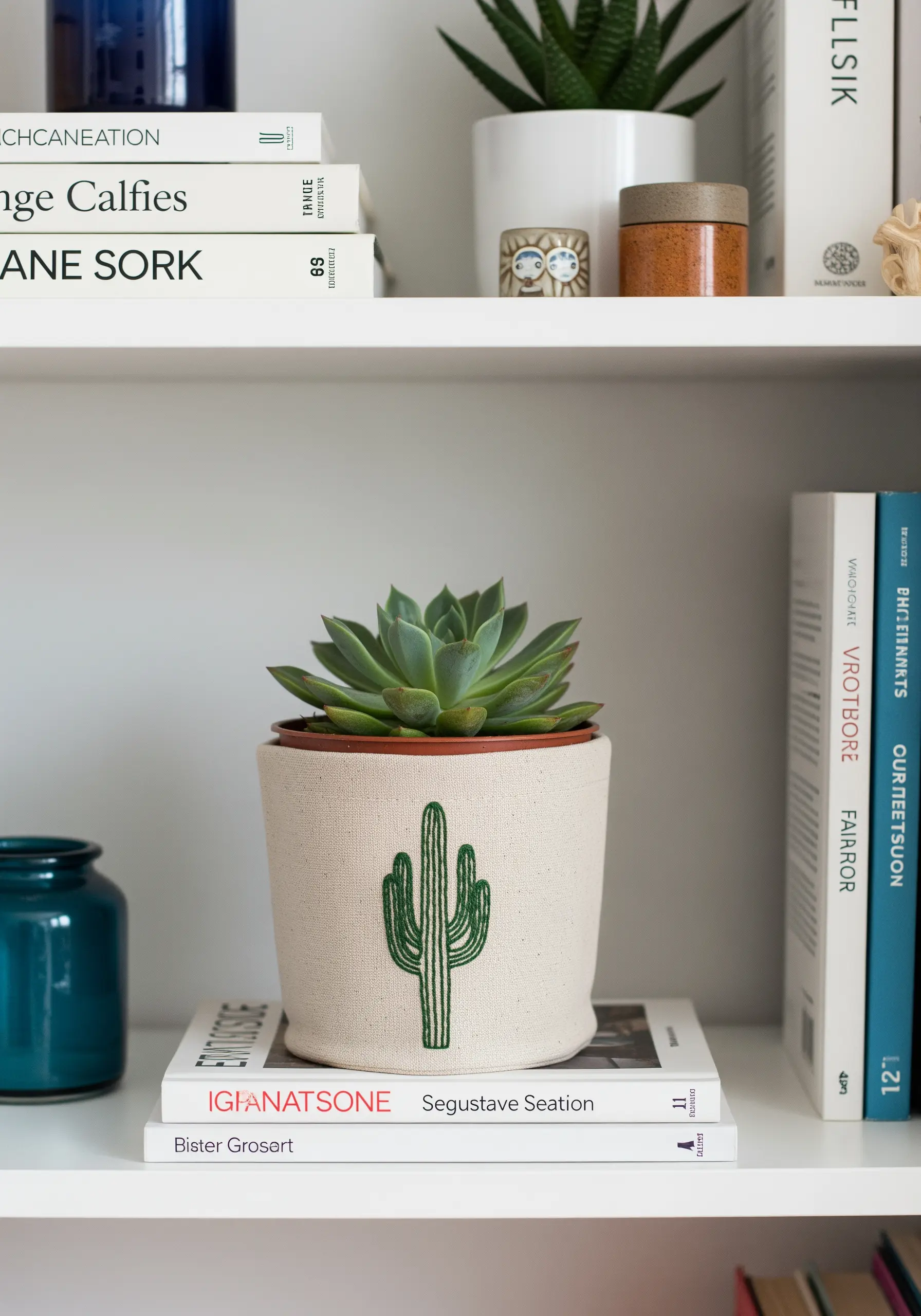 A saguaro cactus with a satin stitch fill and a split stitch outline on a planter cover.