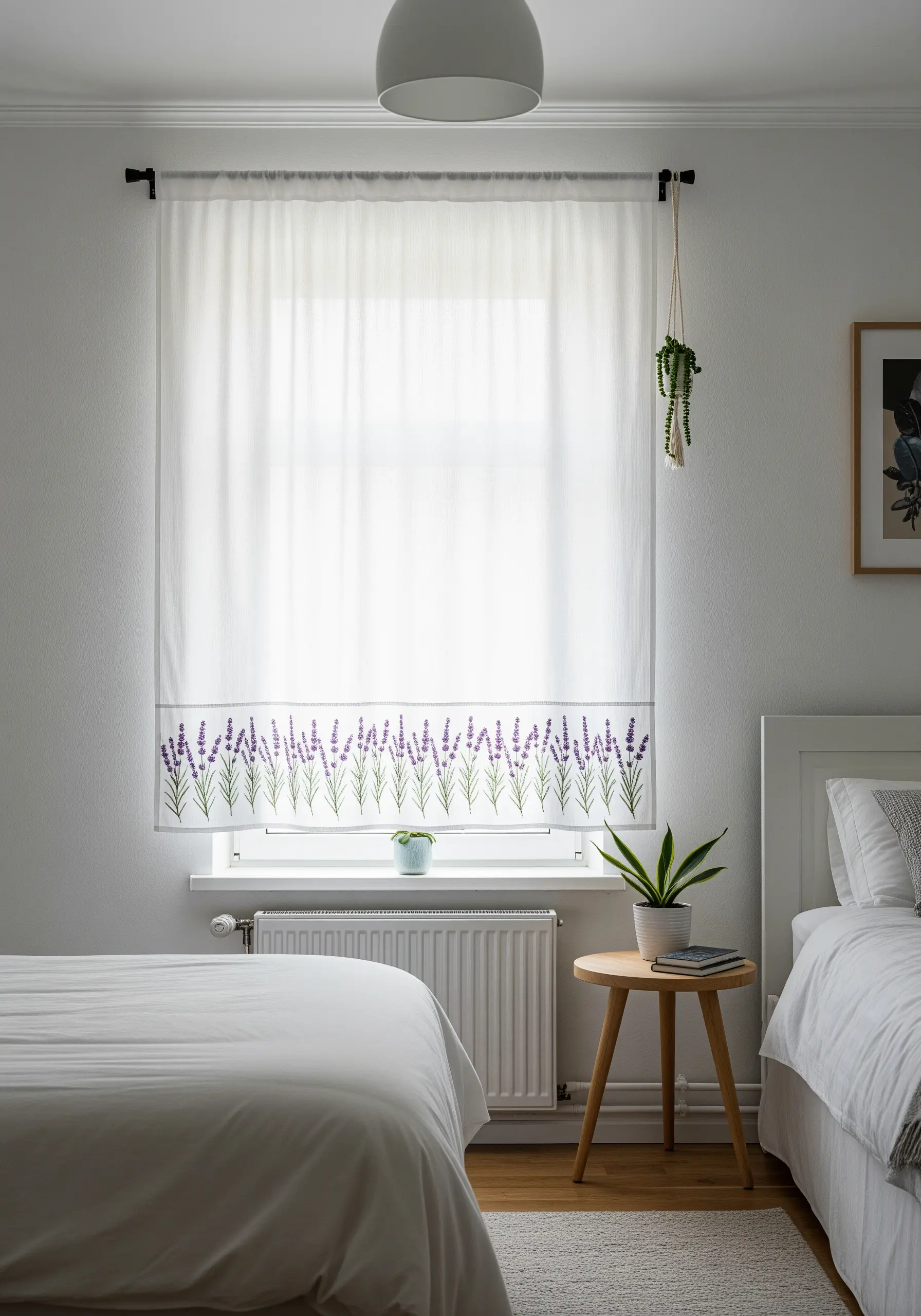 A white window shade with a simple, elegant embroidered border of lavender flowers.